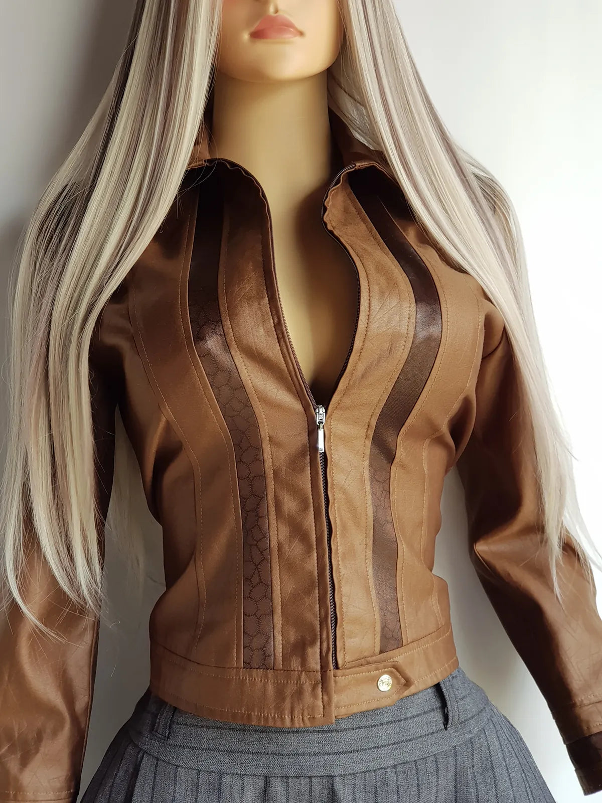 1990s Authentic Vintage Tortoiseshell Print Jacket - Rich Caramel Tones with Printed Panelling - Zip Front & Metal Pop Button Hardware