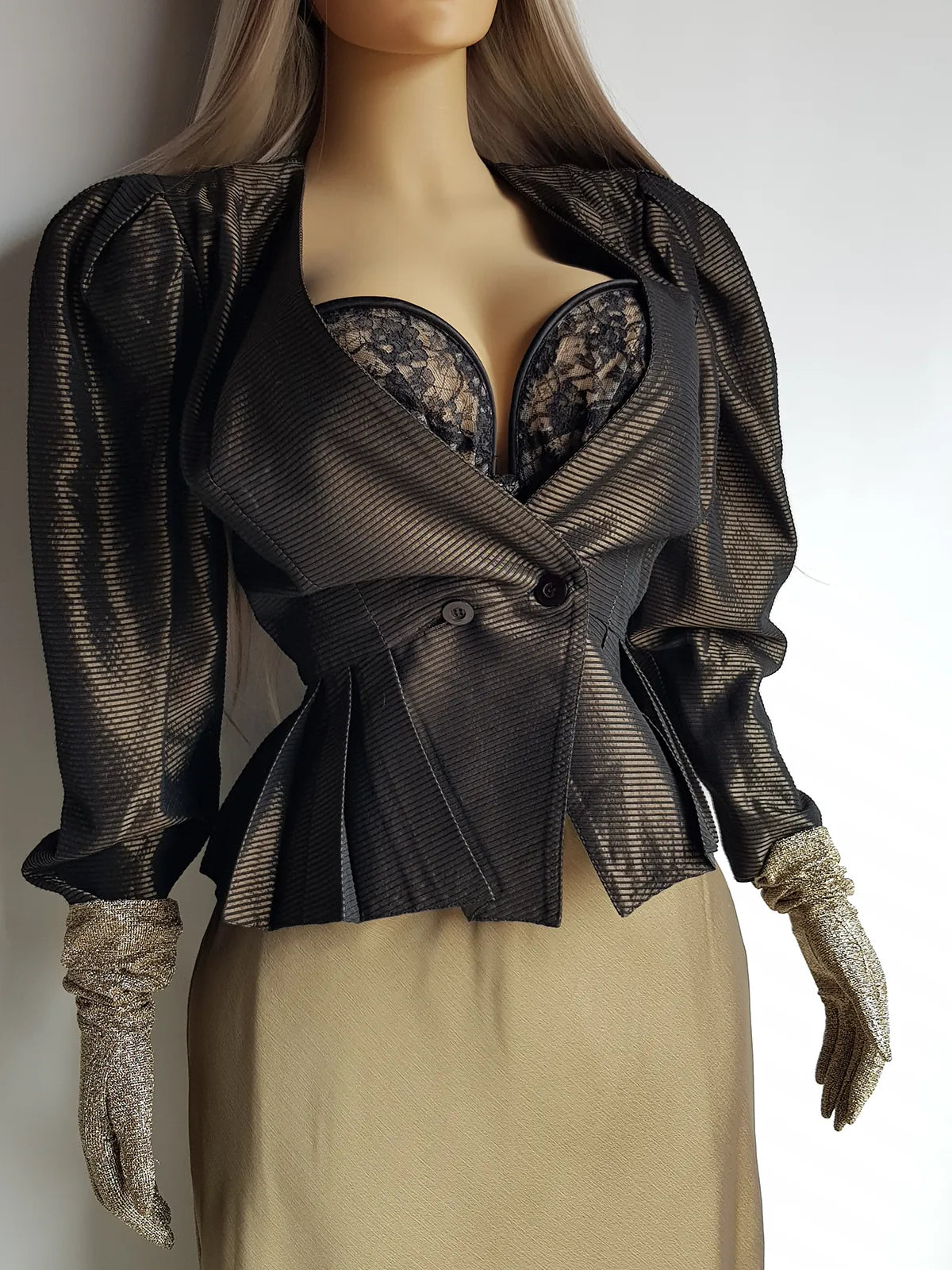 Authentic 90s Designer Sculptural Jacket - Impeccable Tailoring - Nipped Waist - Textured Bronze Fabric - unbelievable hourglass fit - fully lined