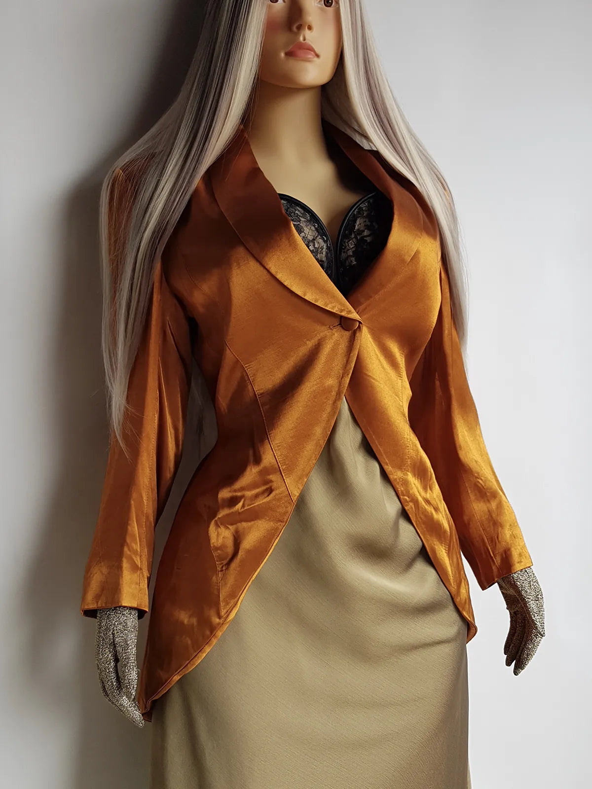 1990s Authentic Vintage Tailcoat - Hourglass Fit with a Button Closure & Long Tail Hemline - Vibrant Iridescent Shimmering Gold