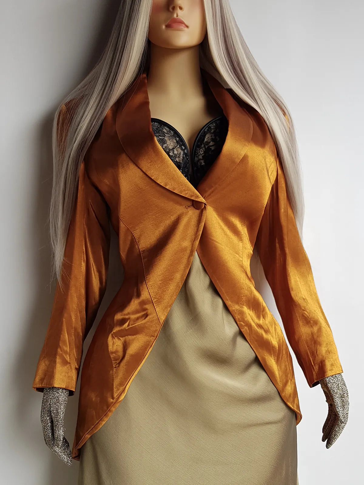 1990s Authentic Vintage Tailcoat - Hourglass Fit with a Button Closure & Long Tail Hemline - Vibrant Iridescent Shimmering Gold