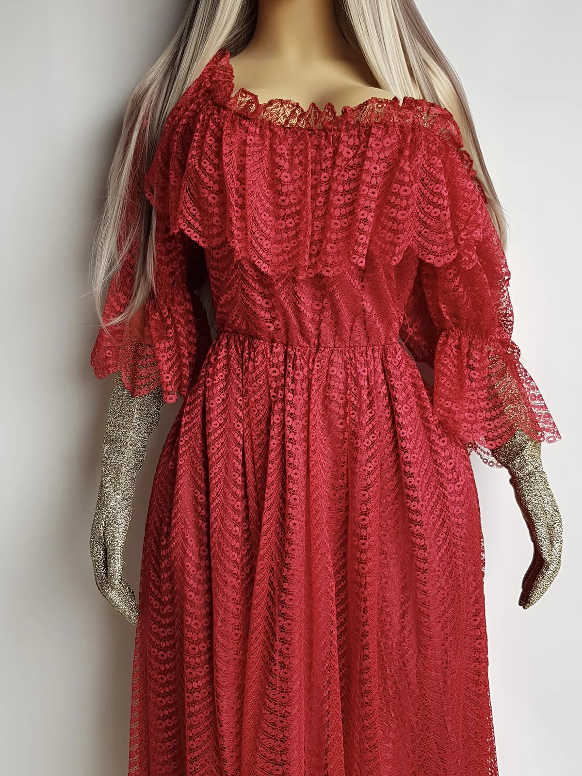 Authentic 1970s Romantic Flowy Flouncy off-shoulder Peasant Style Gown in Beautiful Rose Red - Draping & Gathering Effect All Over