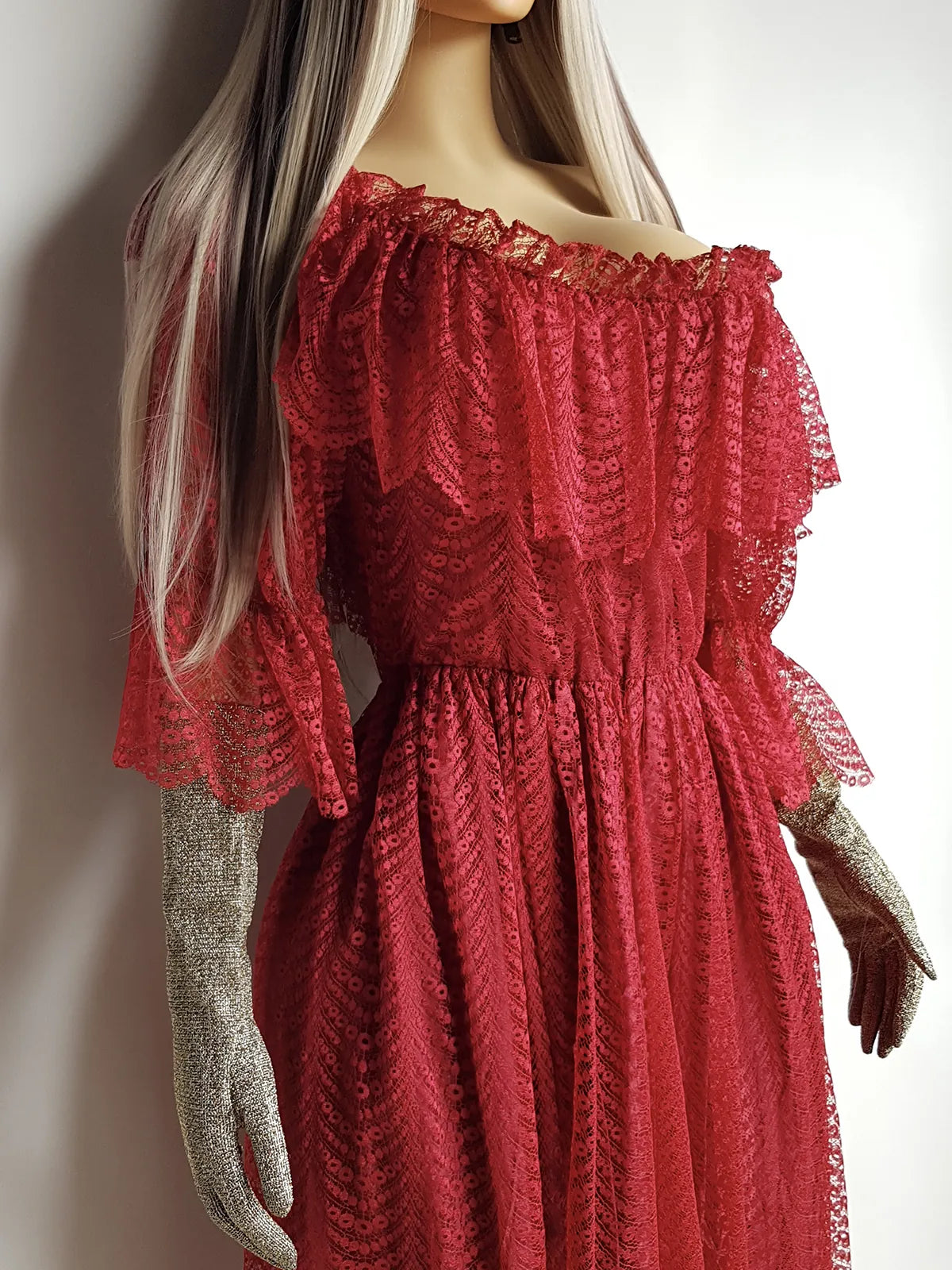 Authentic 1970s Romantic Flowy Flouncy off-shoulder Peasant Style Gown in Beautiful Rose Red - Draping & Gathering Effect All Over