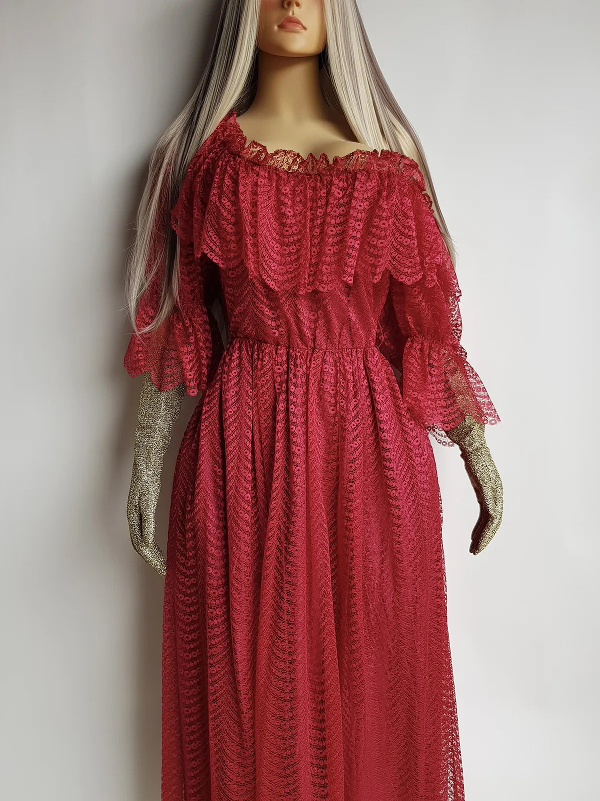 Authentic 1970s Romantic Flowy Flouncy off-shoulder Peasant Style Gown in Beautiful Rose Red - Draping & Gathering Effect All Over