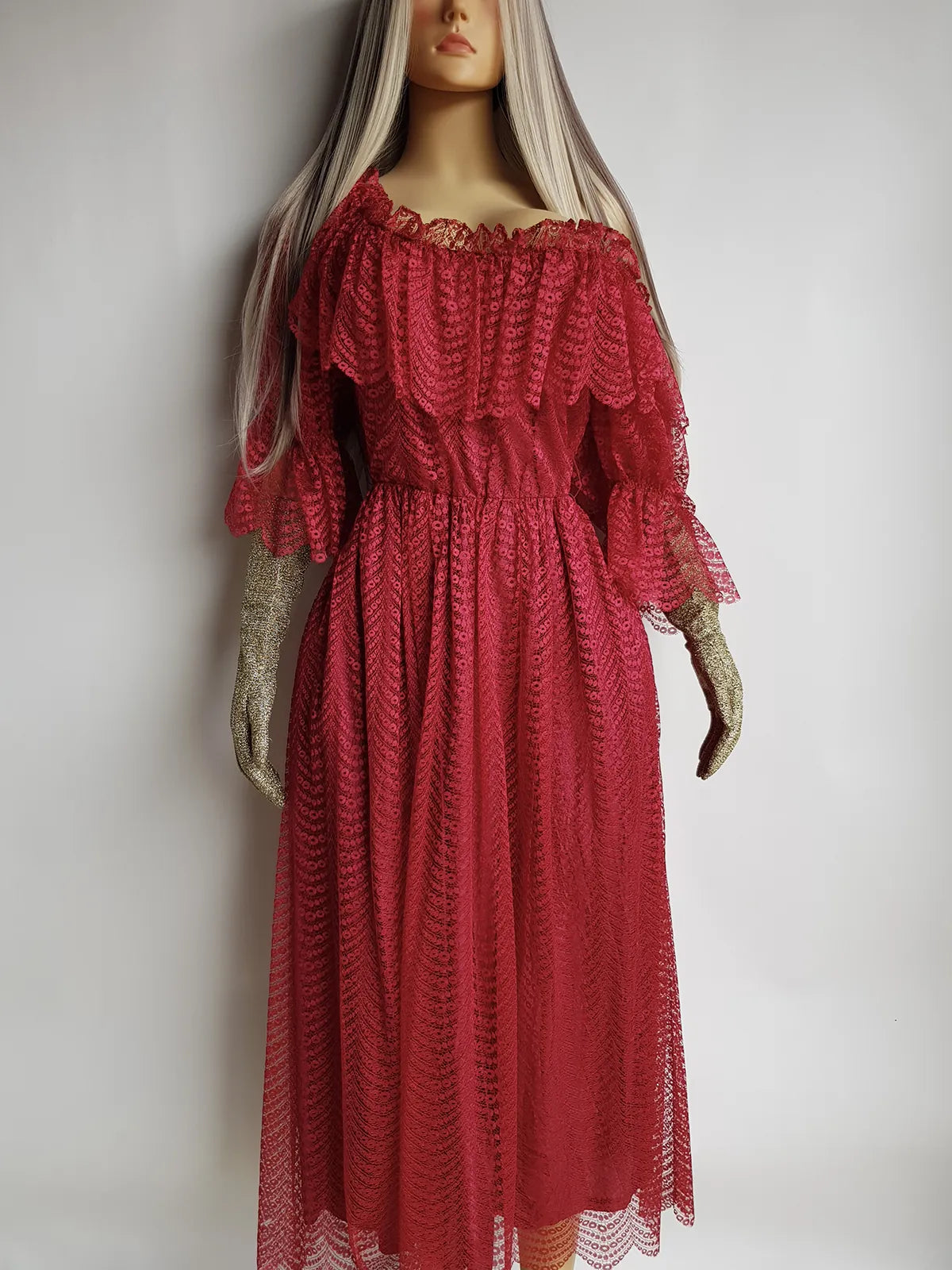 Authentic 1970s Romantic Flowy Flouncy off-shoulder Peasant Style Gown in Beautiful Rose Red - Draping & Gathering Effect All Over