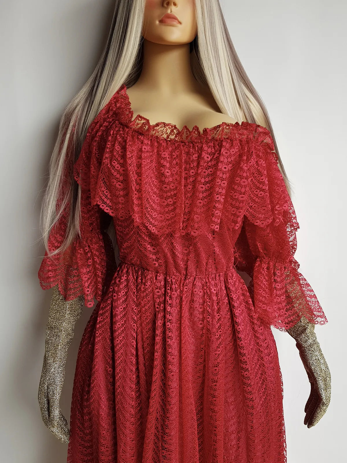 Authentic 1970s Romantic Flowy Flouncy off-shoulder Peasant Style Gown in Beautiful Rose Red - Draping & Gathering Effect All Over