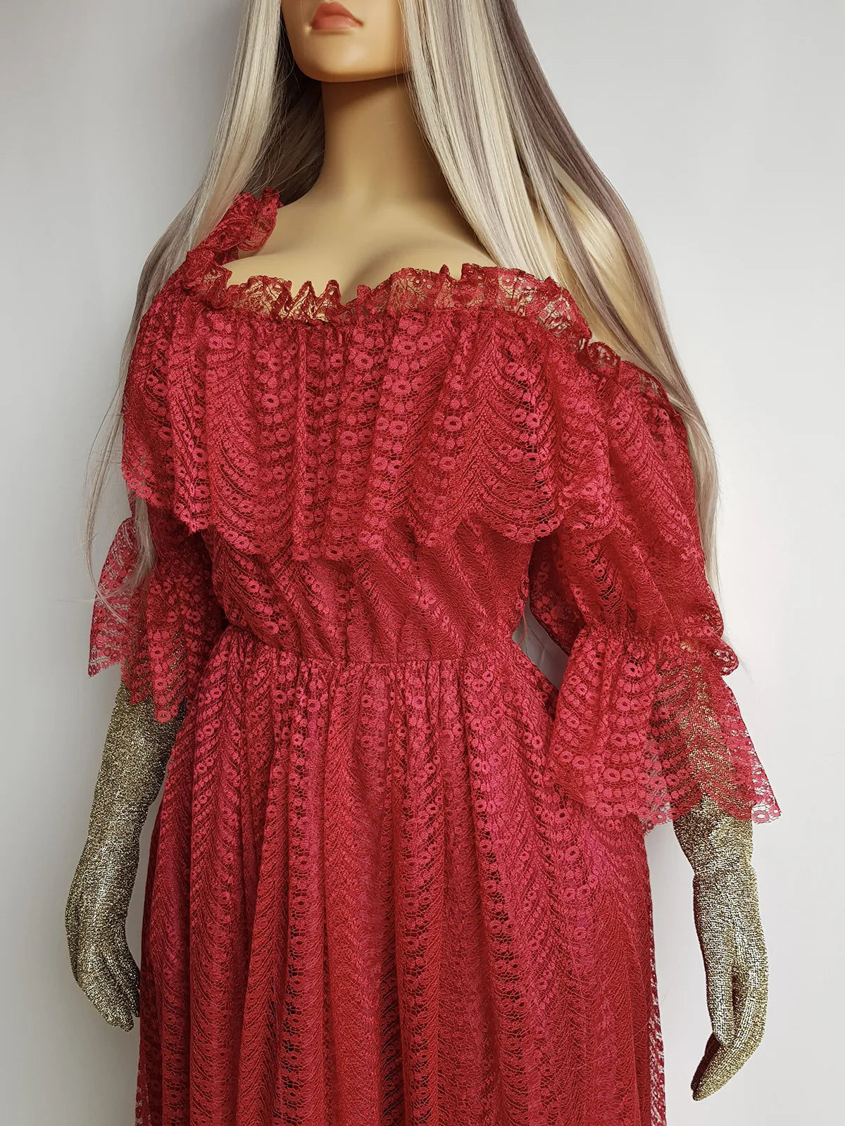 Authentic 1970s Romantic Flowy Flouncy off-shoulder Peasant Style Gown in Beautiful Rose Red - Draping & Gathering Effect All Over