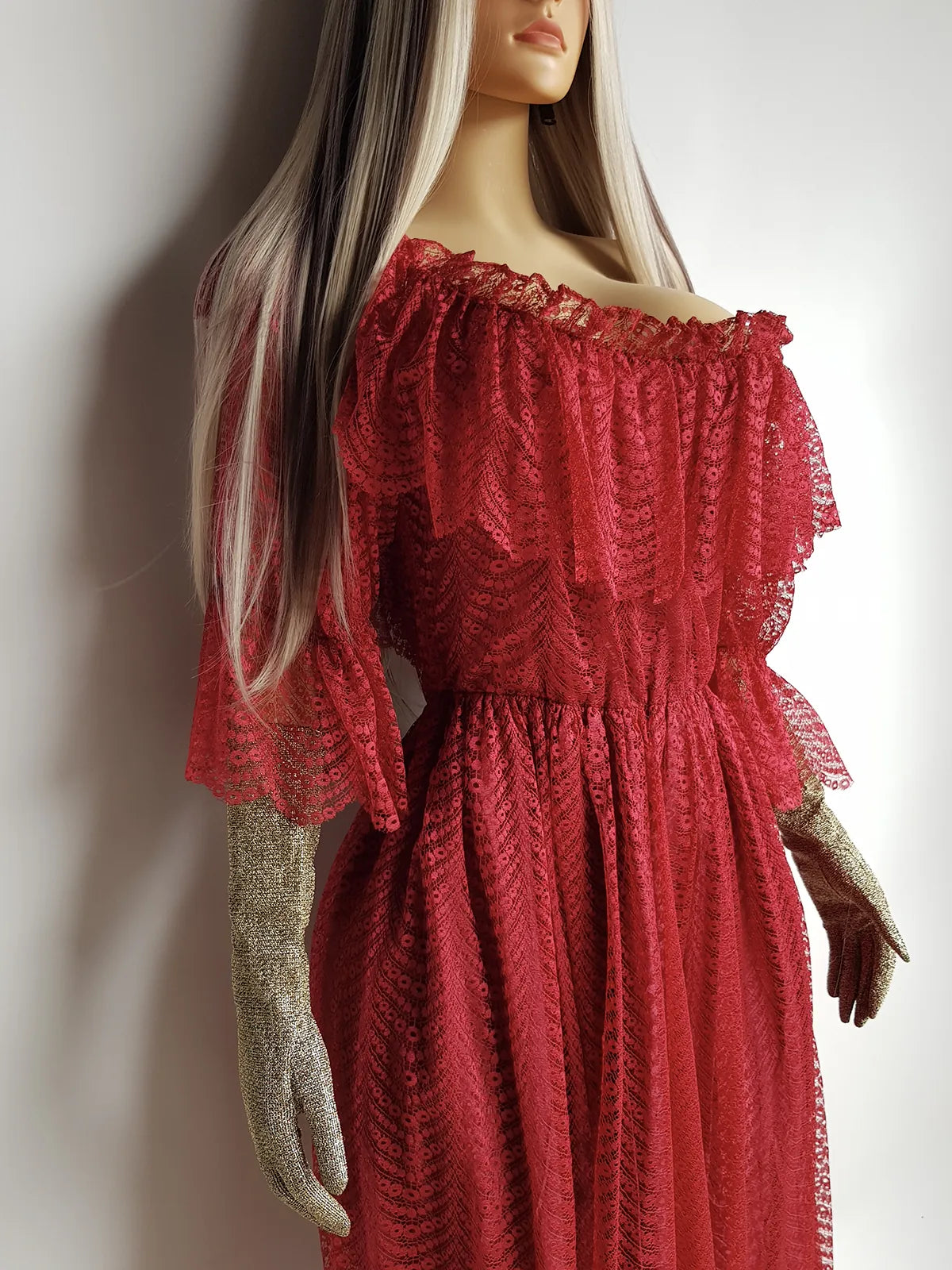 Authentic 1970s Romantic Flowy Flouncy off-shoulder Peasant Style Gown in Beautiful Rose Red - Draping & Gathering Effect All Over