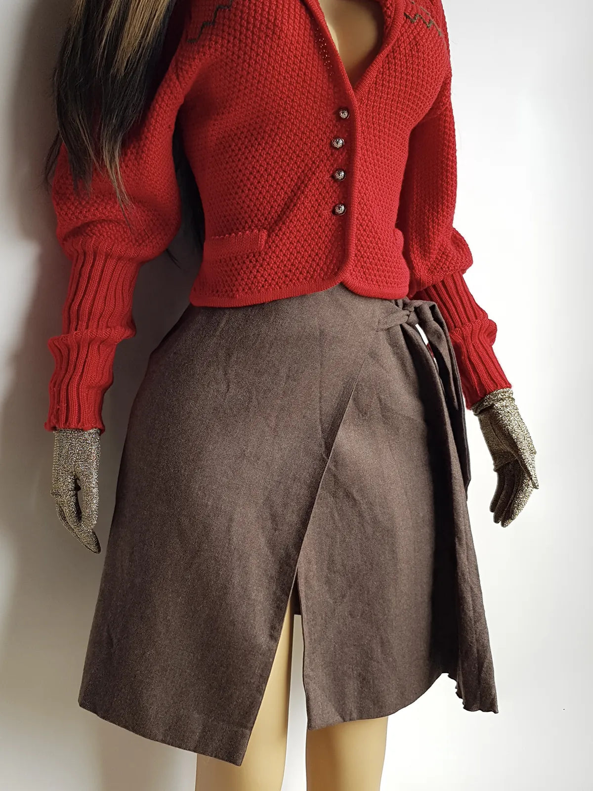 Authentic Ungaro Designer Wrap Skirt in Virgin Wool - Made in Italy - Sexy Asymmetrical Drape - Pleated side panelling -  Muted Mushroom Tones