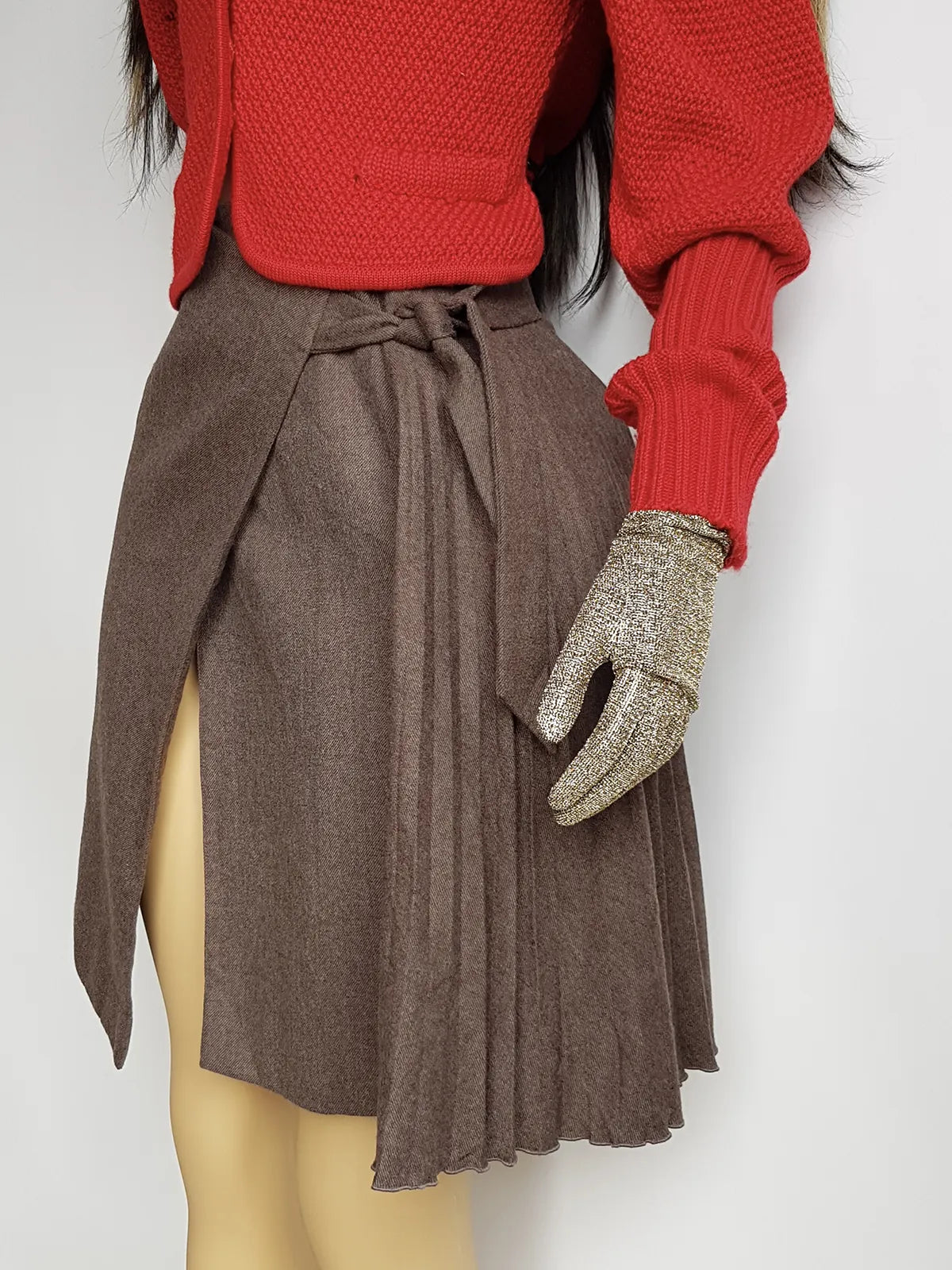 Authentic Ungaro Designer Wrap Skirt in Virgin Wool - Made in Italy - Sexy Asymmetrical Drape - Pleated side panelling -  Muted Mushroom Tones