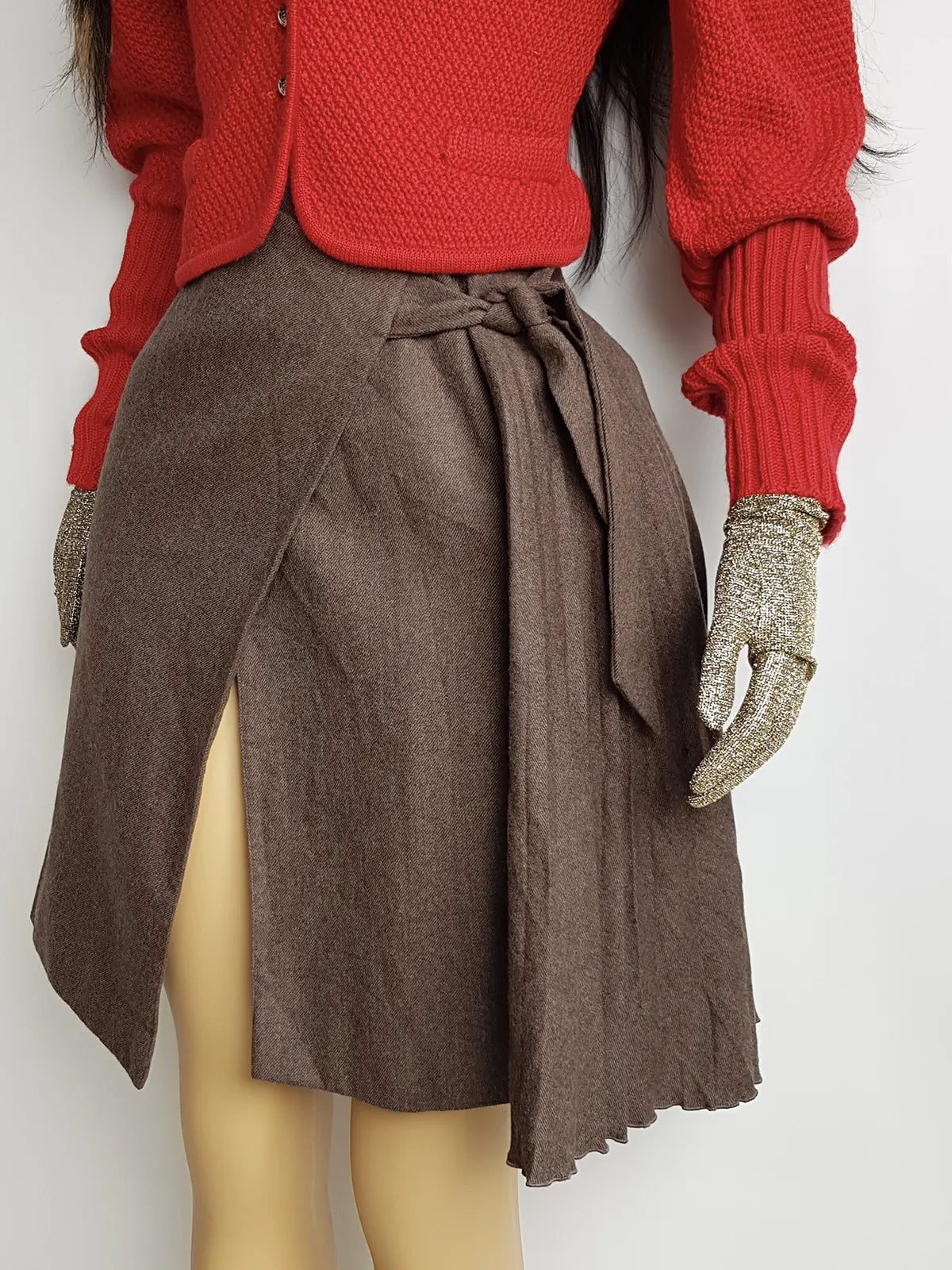 Authentic Ungaro Designer Wrap Skirt in Virgin Wool - Made in Italy - Sexy Asymmetrical Drape - Pleated side panelling -  Muted Mushroom Tones