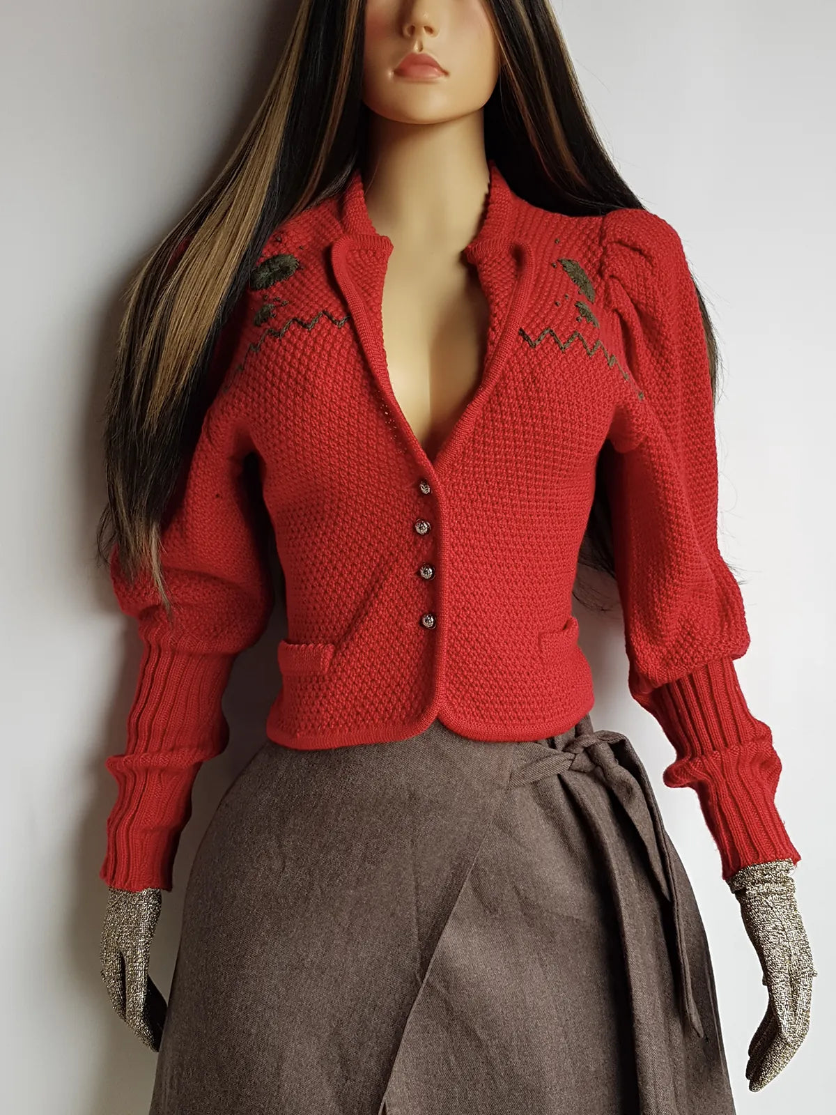 Genuine 1950s European Knit Jacket with Ornate Embroidery in Striking Red & Green - Sculptural Sleeves & Nipped Waist - Metal Buttons