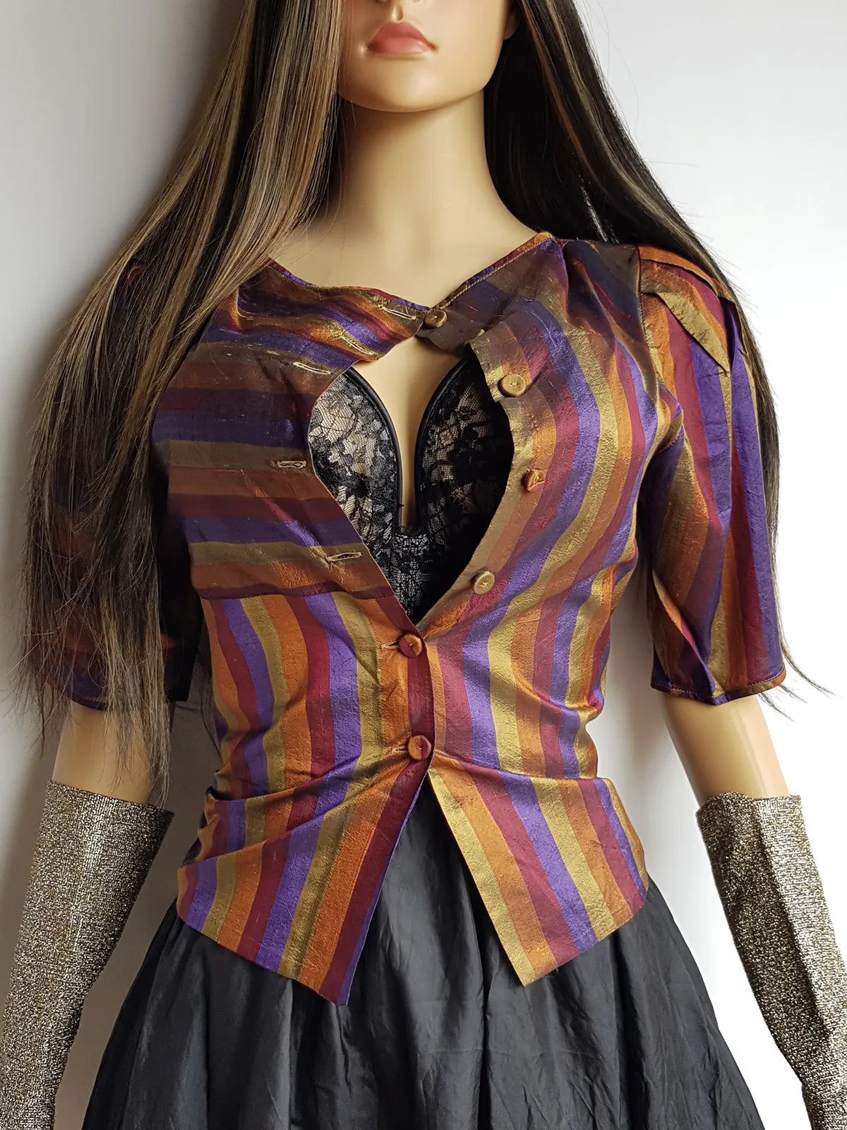 Genuine 1990s Whimsigoth Peasant Blouse in Iridescent Metallic Autumn Colours - Light and Floaty - Wear open or closed - button front