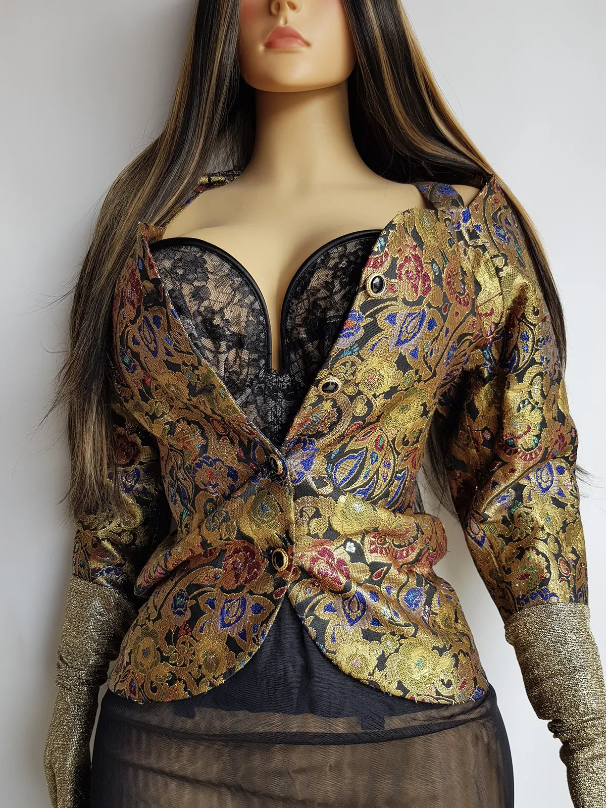 Knockout Genuine Vintage Dramatic  Whimsigothic Rockstar Jacket in Ornate Brocade - Autumn Colours - Hourglass fit - Bold Sculptural Off-Shoulder fit - Wear open or closed
