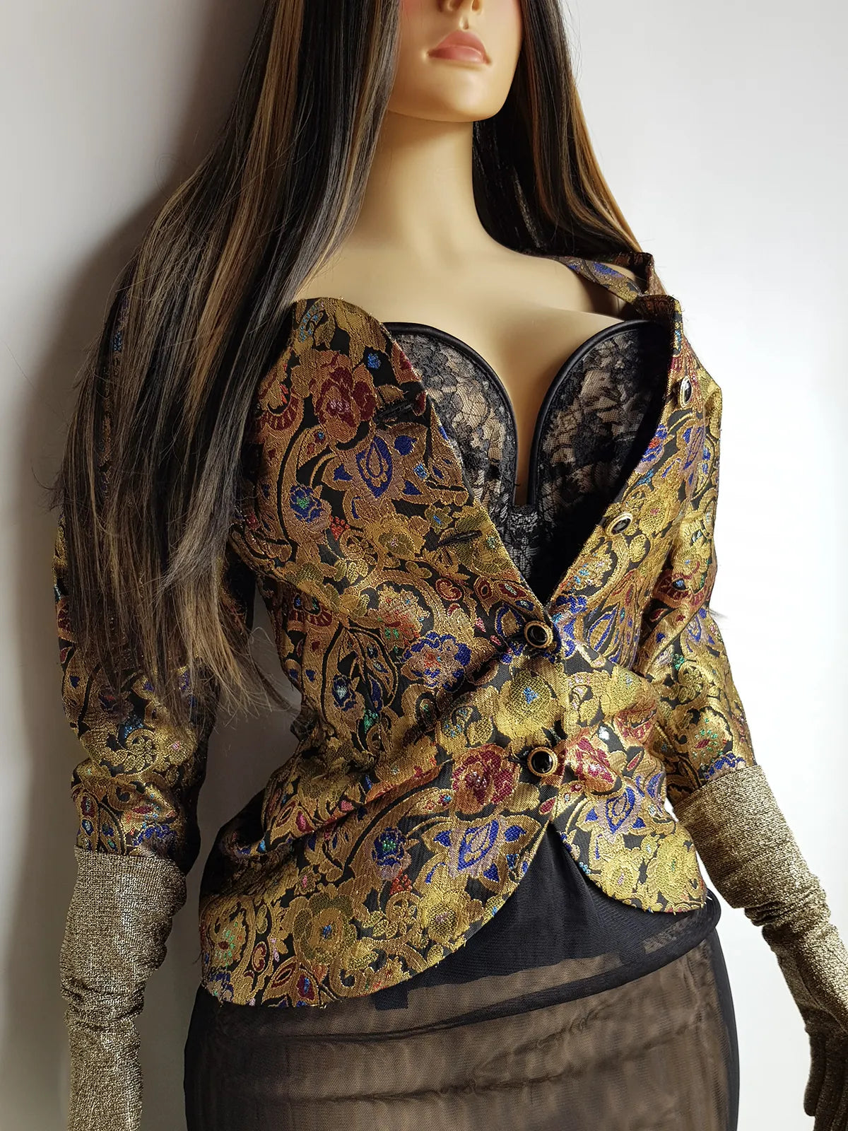 Knockout Genuine Vintage Dramatic  Whimsigothic Rockstar Jacket in Ornate Brocade - Autumn Colours - Hourglass fit - Bold Sculptural Off-Shoulder fit - Wear open or closed