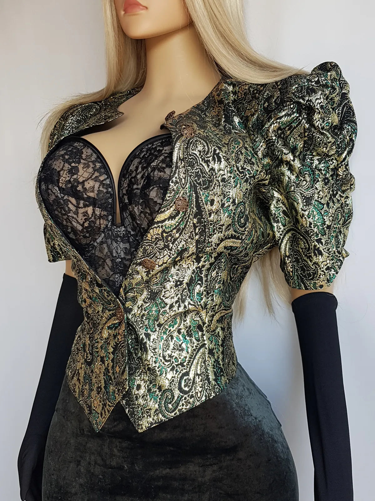 Knockout Genuine Vintage Dramatic  Whimsigothic Rockstar Jacket in Ornate Brocade - Hourglass fit - Bold Sculptural Shoulders - Metal Buttons - Wear open or closed
