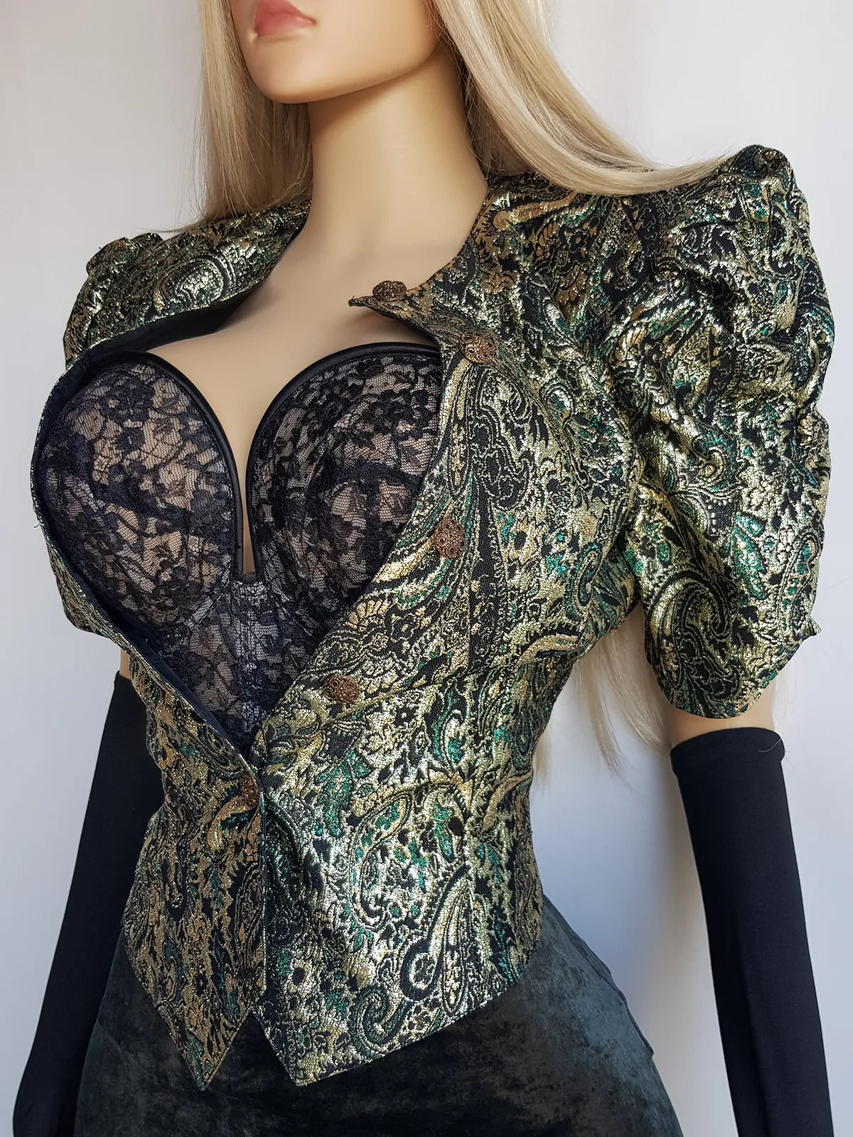 Knockout Genuine Vintage Dramatic  Whimsigothic Rockstar Jacket in Ornate Brocade - Hourglass fit - Bold Sculptural Shoulders - Metal Buttons - Wear open or closed