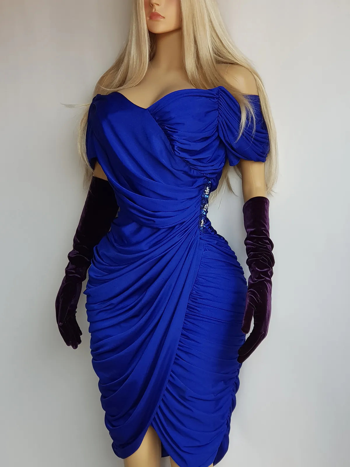 Authentic Vintage Unbelievably Gorgeous Rich Blue Grecian Dress - Extreme hourglass - Beaded Waist Applique - Curve hugging stretch Jersey