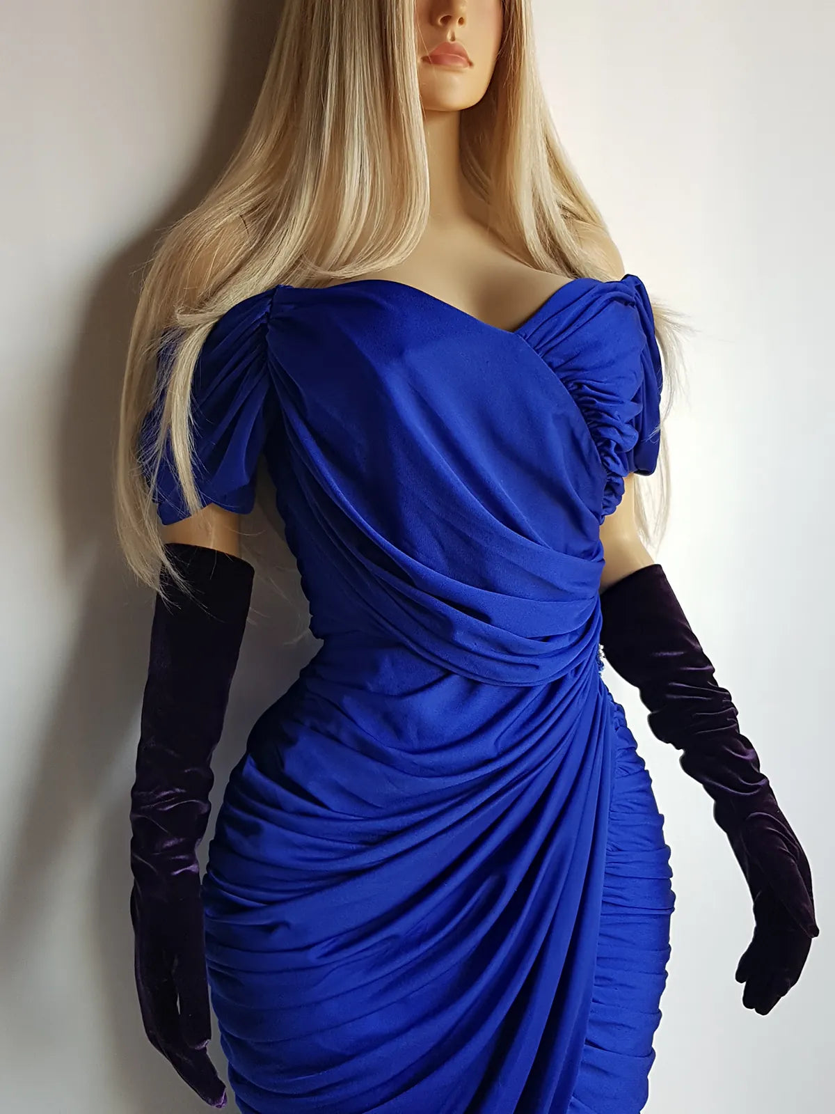 Authentic Vintage Unbelievably Gorgeous Rich Blue Grecian Dress - Extreme hourglass - Beaded Waist Applique - Curve hugging stretch Jersey