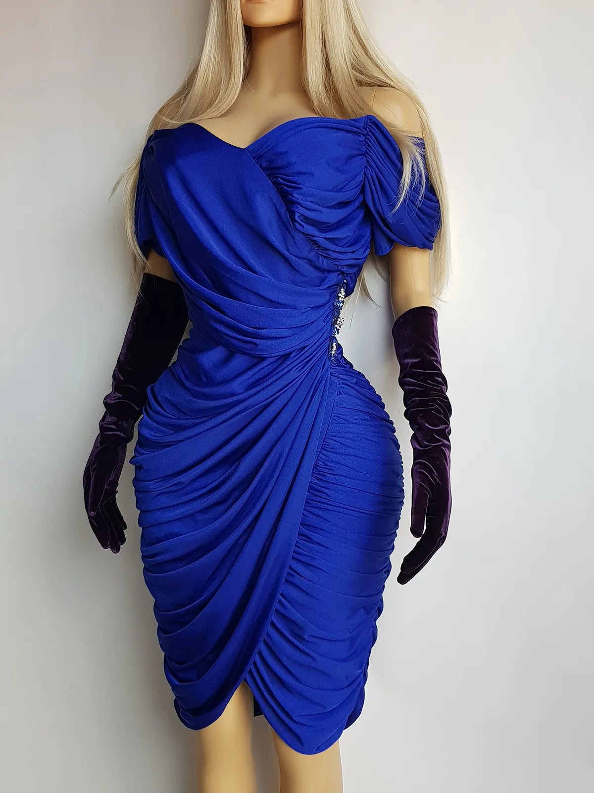 Authentic Vintage Unbelievably Gorgeous Rich Blue Grecian Dress - Extreme hourglass - Beaded Waist Applique - Curve hugging stretch Jersey