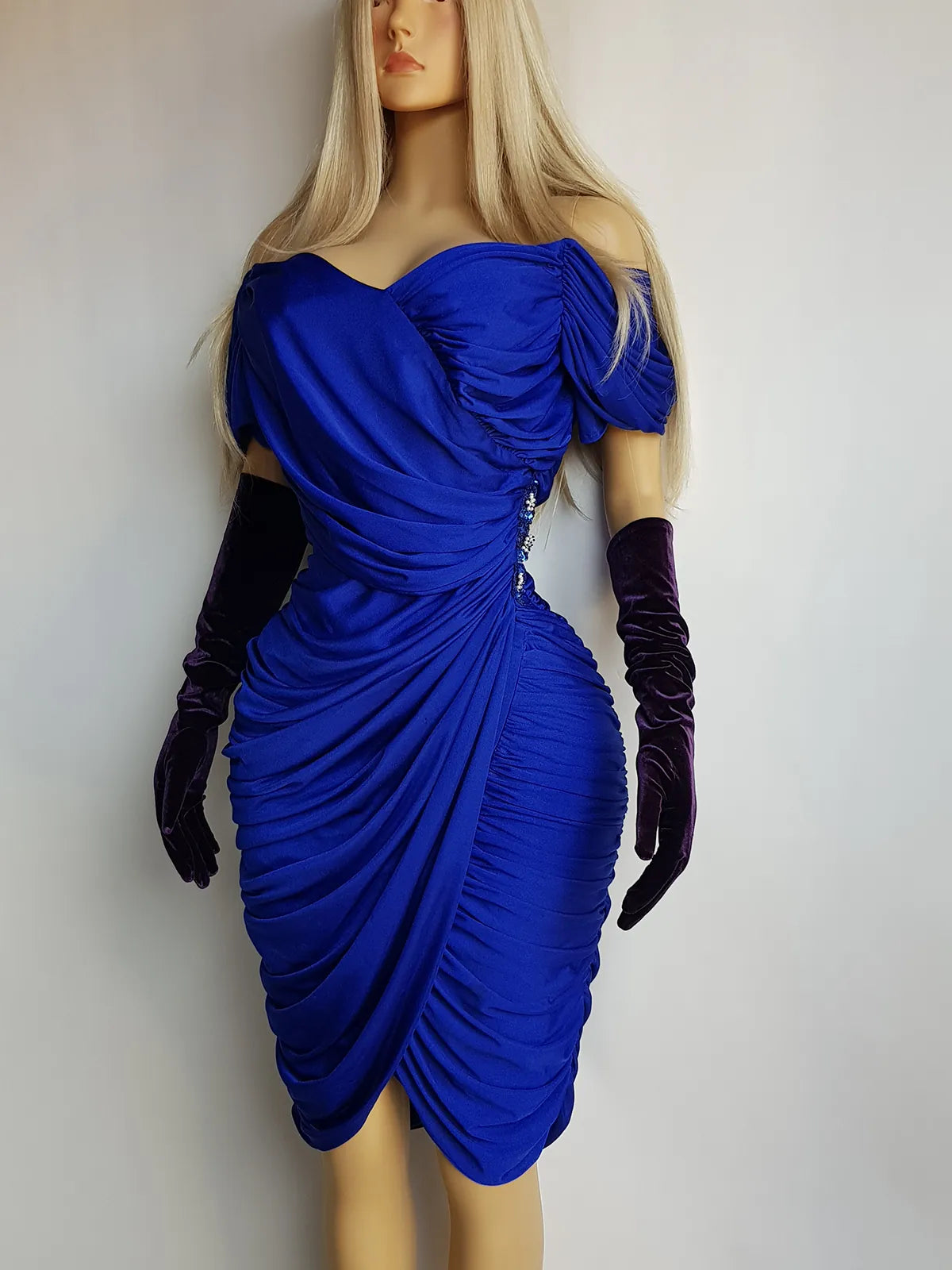 Authentic Vintage Unbelievably Gorgeous Rich Blue Grecian Dress - Extreme hourglass - Beaded Waist Applique - Curve hugging stretch Jersey