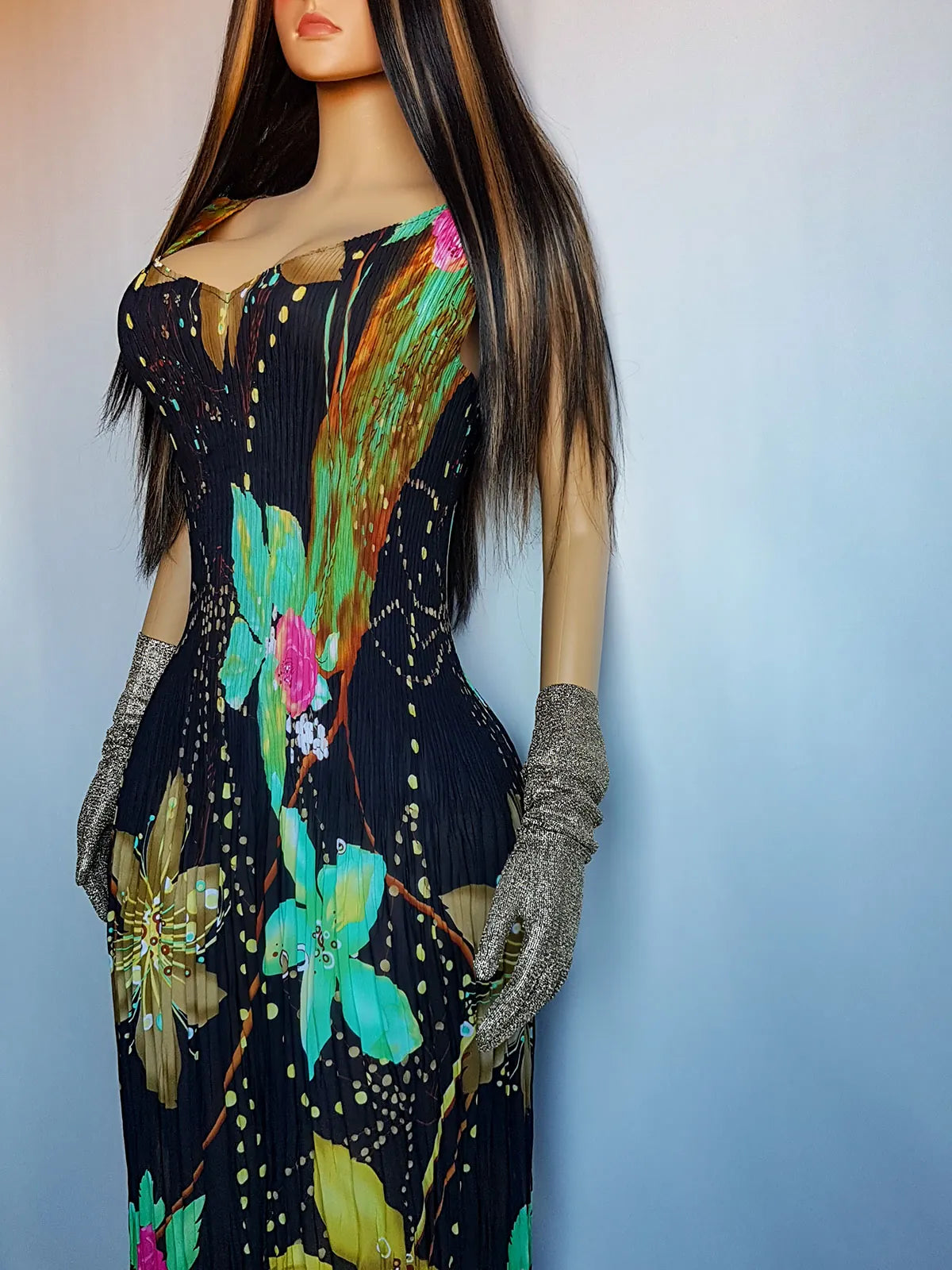 2000s Incredible Resortwear Piece - Pleated Curve Hugging Summer Dress with Deep V & Punchy Tropical Print