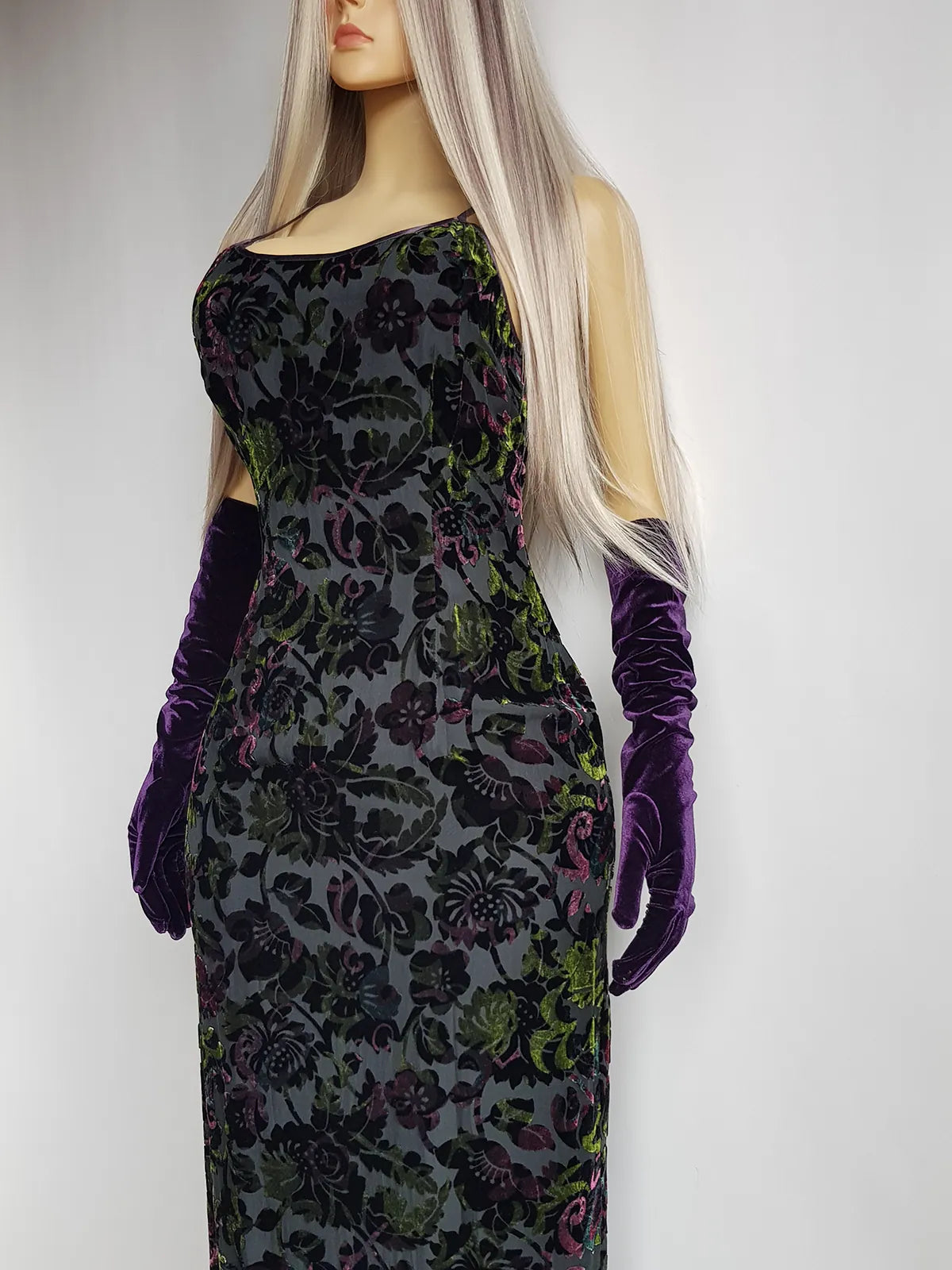 Authentic 1990s Whimsigoth Iridescent Burnout Velvet Floor Length Hourglass Gown- when the sun hits the fabric it glows Purples & Greens