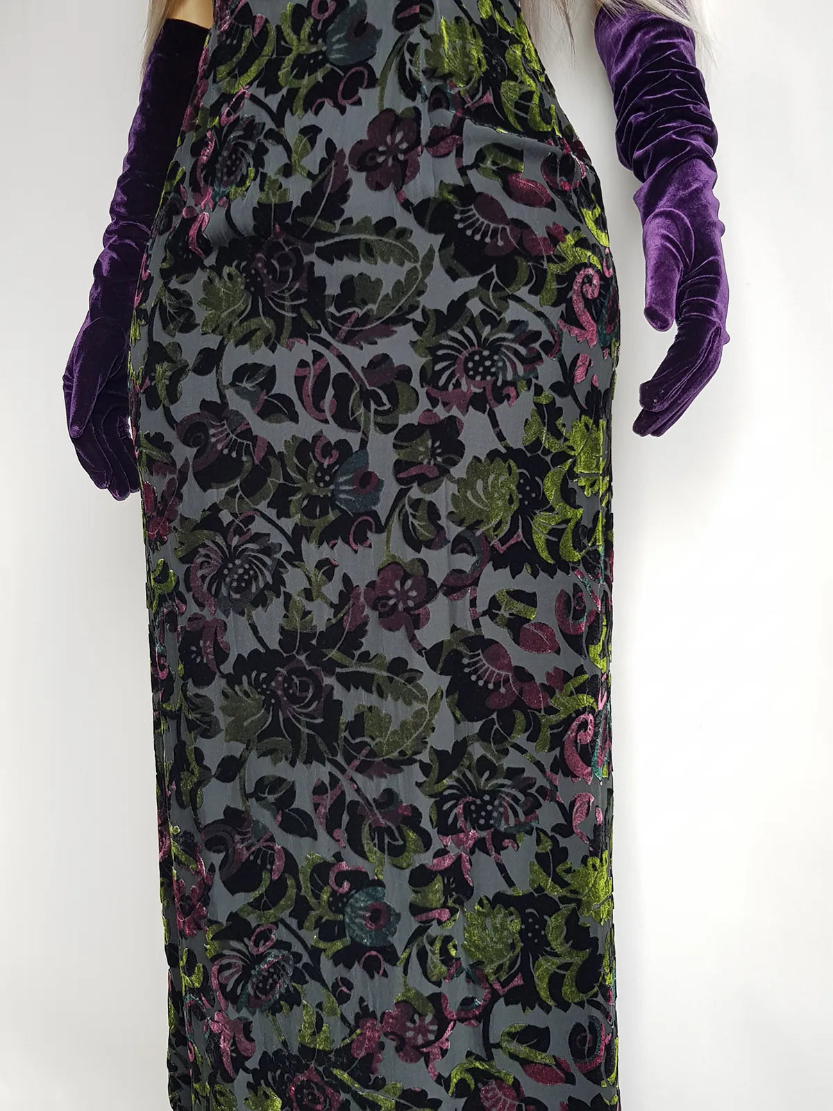 Authentic 1990s Whimsigoth Iridescent Burnout Velvet Floor Length Hourglass Gown- when the sun hits the fabric it glows Purples & Greens