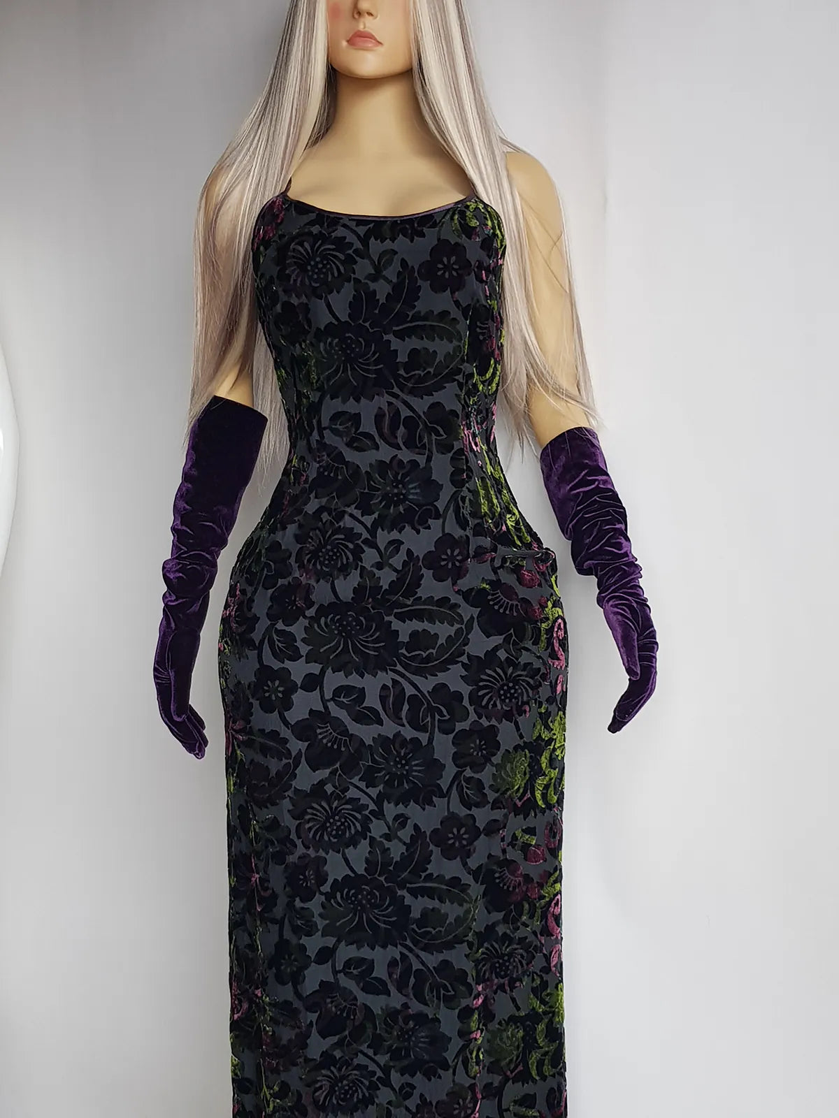 Authentic 1990s Whimsigoth Iridescent Burnout Velvet Floor Length Hourglass Gown- when the sun hits the fabric it glows Purples & Greens