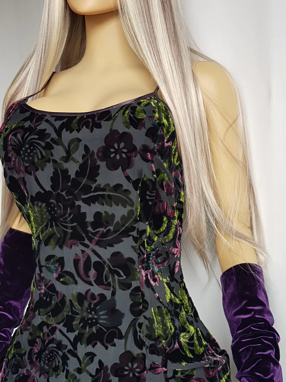 Authentic 1990s Whimsigoth Iridescent Burnout Velvet Floor Length Hourglass Gown- when the sun hits the fabric it glows Purples & Greens