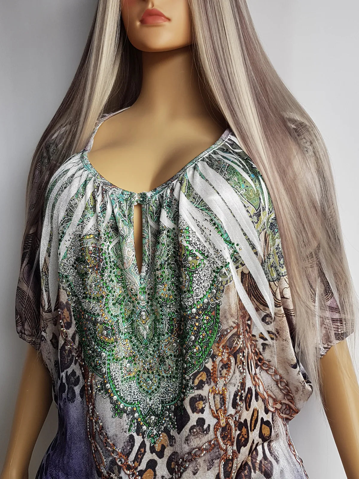 2000s Bohemian Draped Rhinestone top with Iconic Nostalgia Boho Print in Leopard & Chains - Perfect Shape