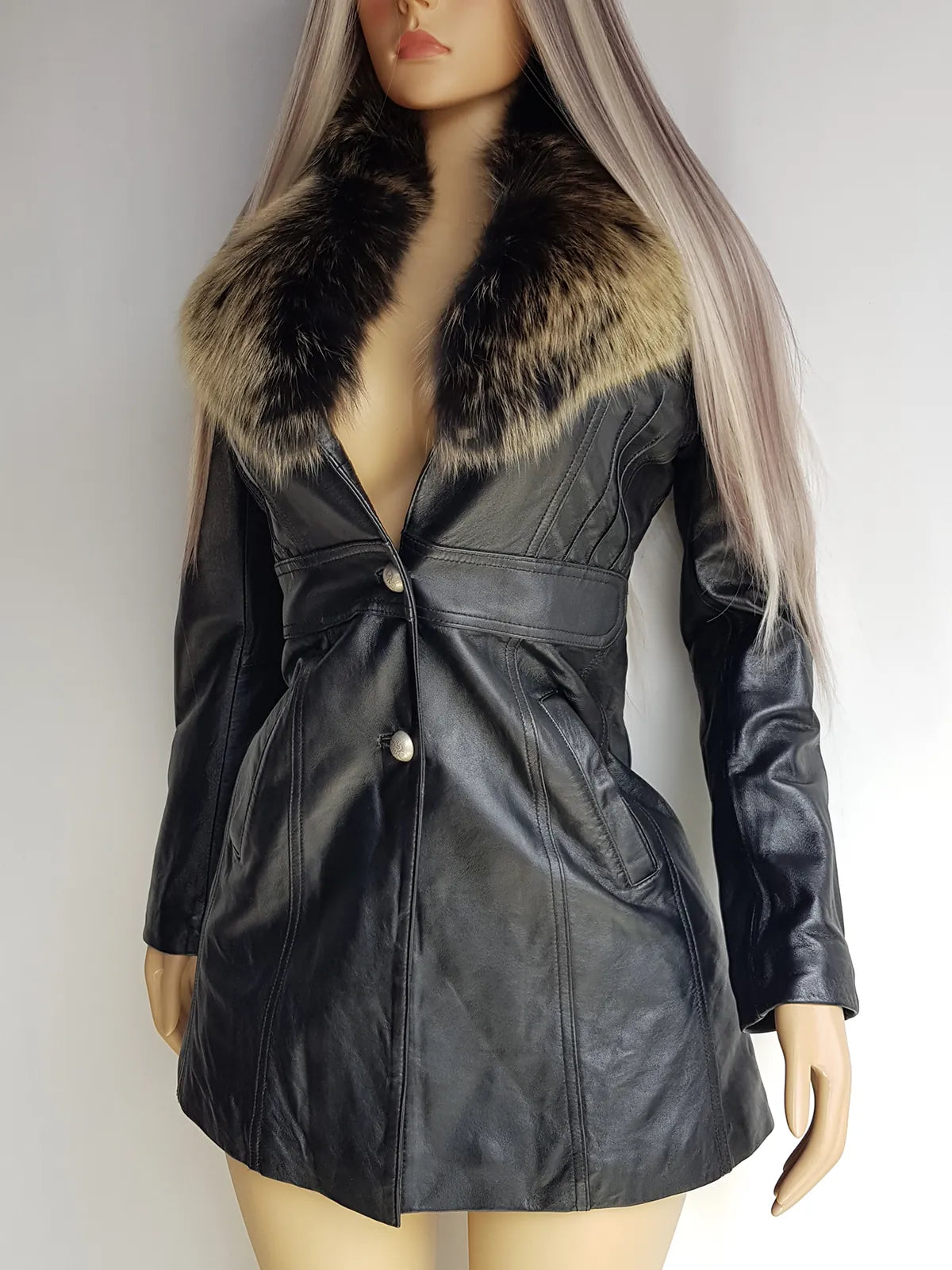 Vintage 2000s Black Leather & Ultra Plush Fox Fur Spy Coat - Super Buttery Soft - 100% genuine Leather & Fur Collar - Fully Lined