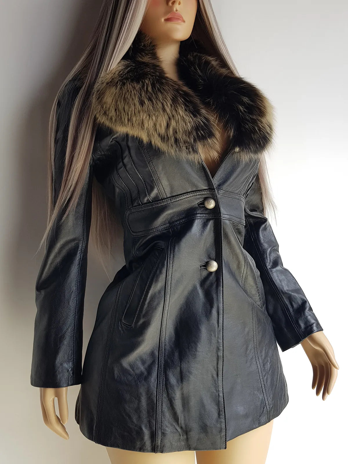 Vintage 2000s Black Leather & Ultra Plush Fox Fur Spy Coat - Super Buttery Soft - 100% genuine Leather & Fur Collar - Fully Lined