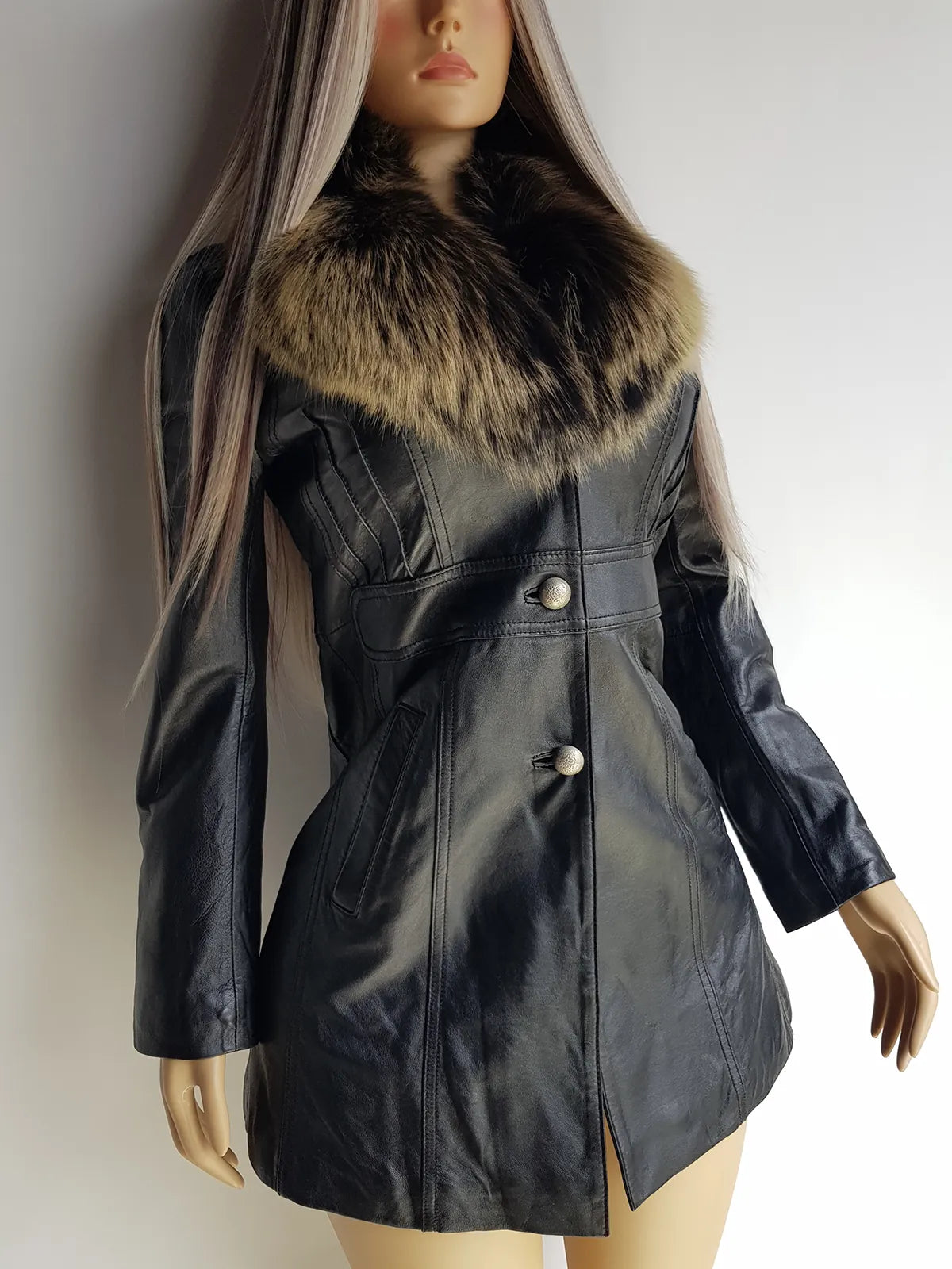 Vintage 2000s Black Leather & Ultra Plush Fox Fur Spy Coat - Super Buttery Soft - 100% genuine Leather & Fur Collar - Fully Lined