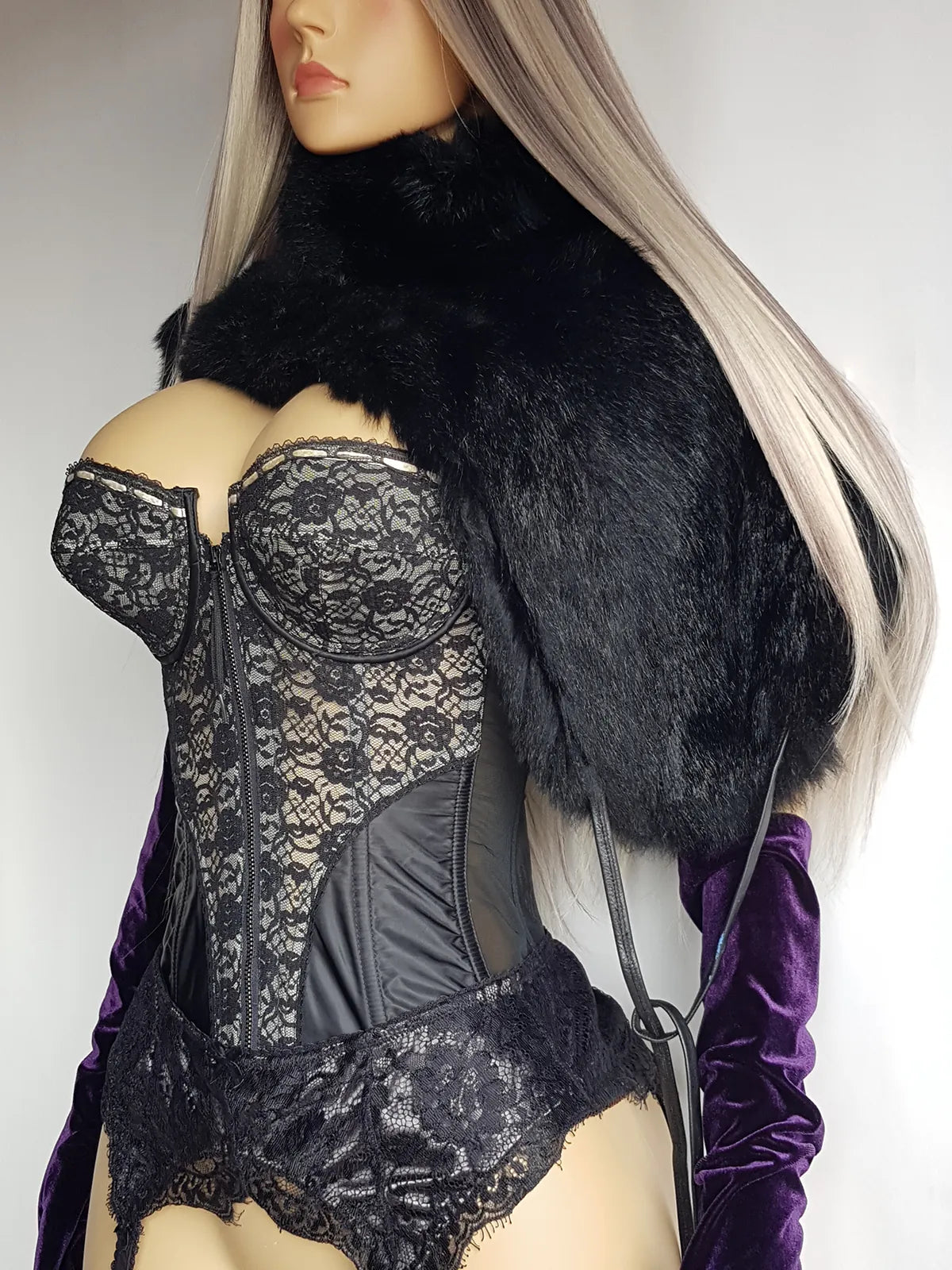 Early 2000s Custom Made Genuine Fur & Skin Stole - Rich Black - Asymmetrical Drape Over Shoulders - Leather Ties & Pop Buttons - Eco Fur Possum from New Zealand