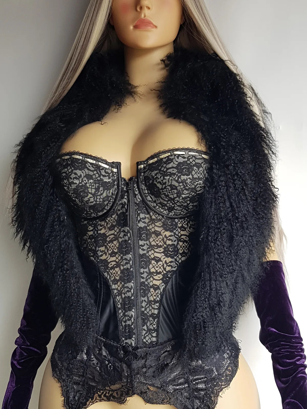 Genuine 100% Mongolian Lambskin in Inky Black - early 2000s - cropped vest shape with long curly Lambswool