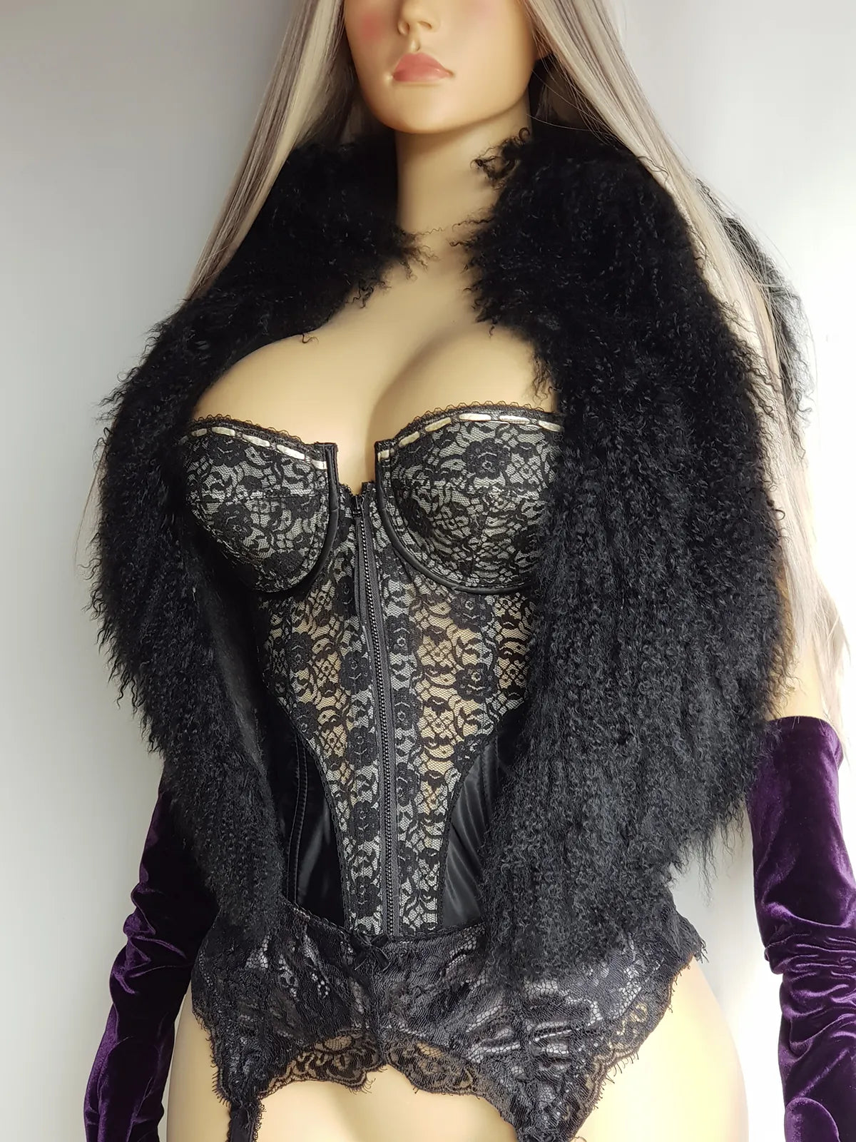 Genuine 100% Mongolian Lambskin in Inky Black - early 2000s - cropped vest shape with long curly Lambswool