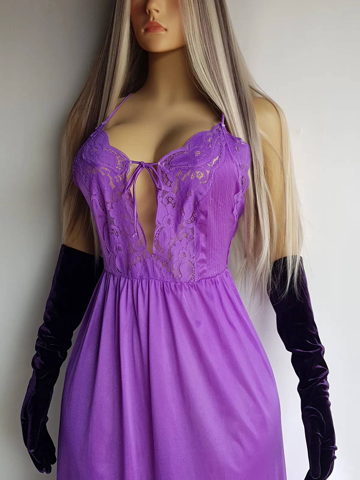 Rich Glamour Purple Hand Dyed Peekaboo Lace Gown - vintage 1990s - tie front - low back with crossed straps