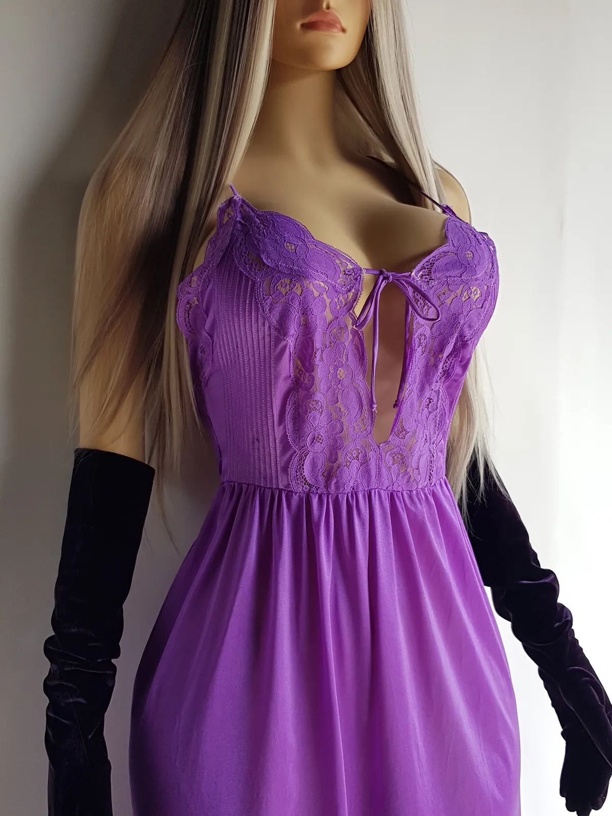 Rich Glamour Purple Hand Dyed Peekaboo Lace Gown - vintage 1990s - tie front - low back with crossed straps