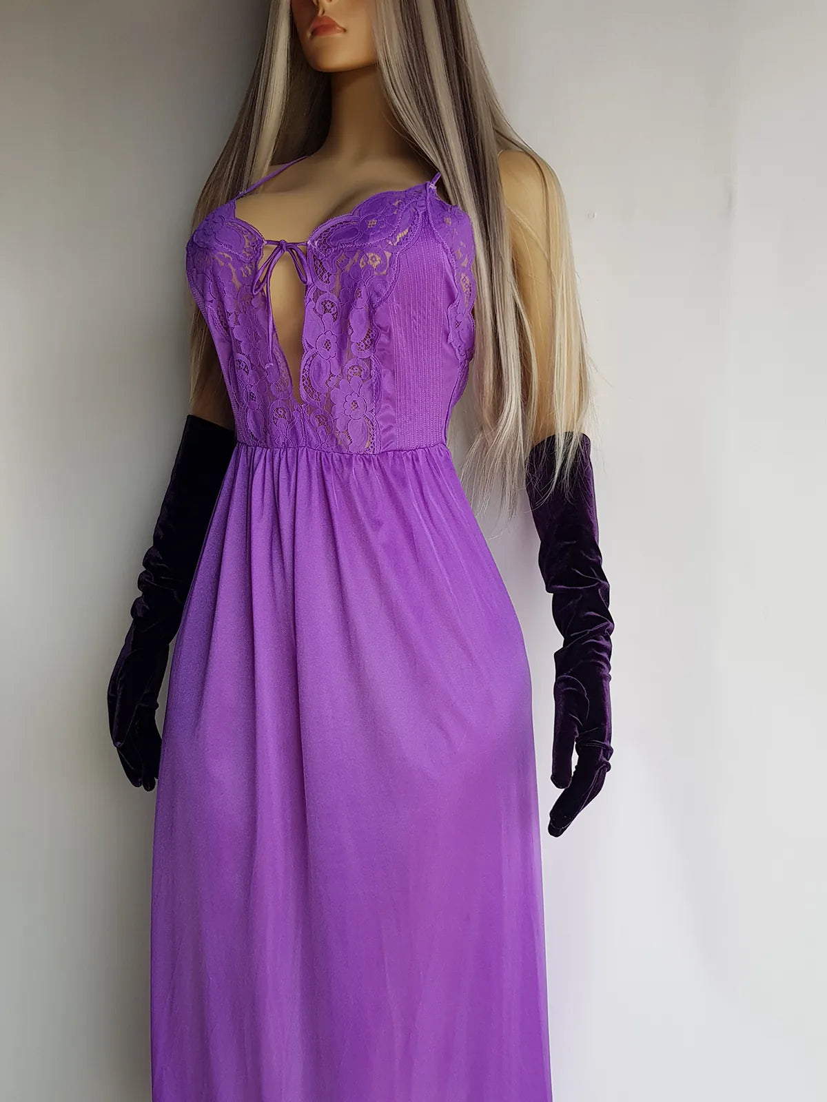 Rich Glamour Purple Hand Dyed Peekaboo Lace Gown - vintage 1990s - tie front - low back with crossed straps