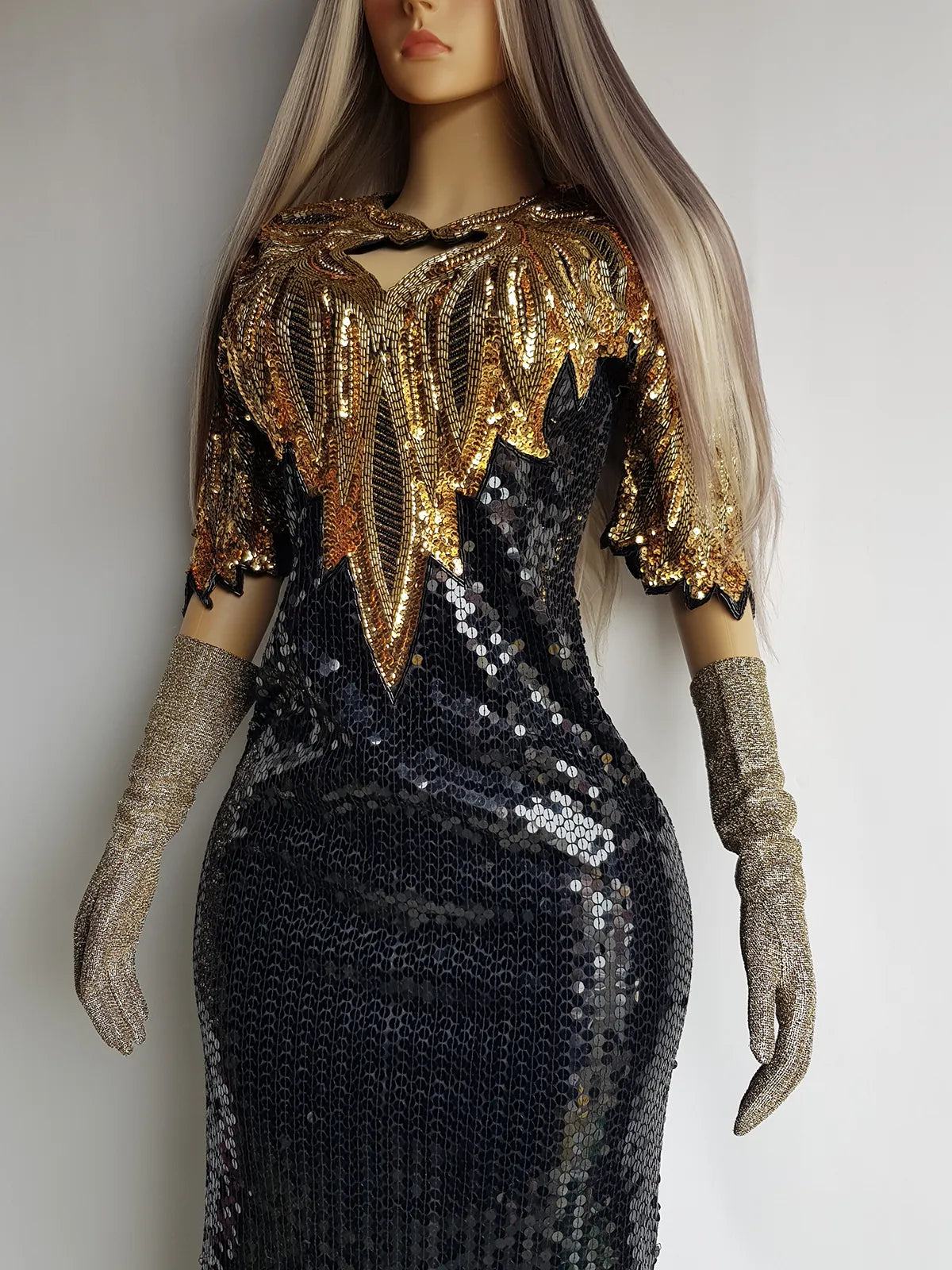 Absolute Knockout Black & Gold 100% Silk Fully Beaded & Sequined Occasion Dress