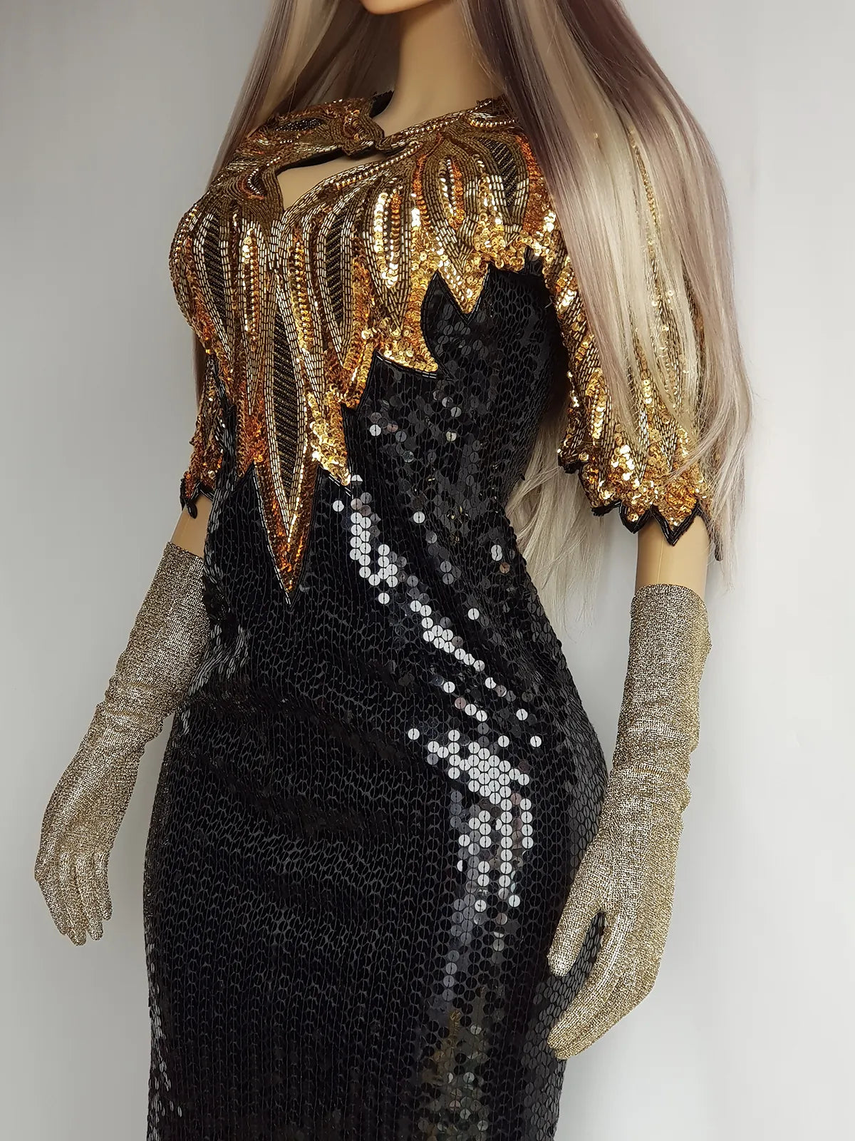 Absolute Knockout Black & Gold 100% Silk Fully Beaded & Sequined Occasion Dress
