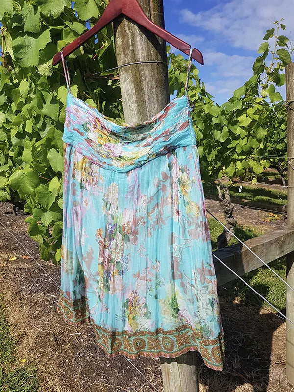 Vintage Designer Rene Derhy 2000s impressionist watercolour fairy dream skirt in blues pinks & crinkle fabric with ornate hemline