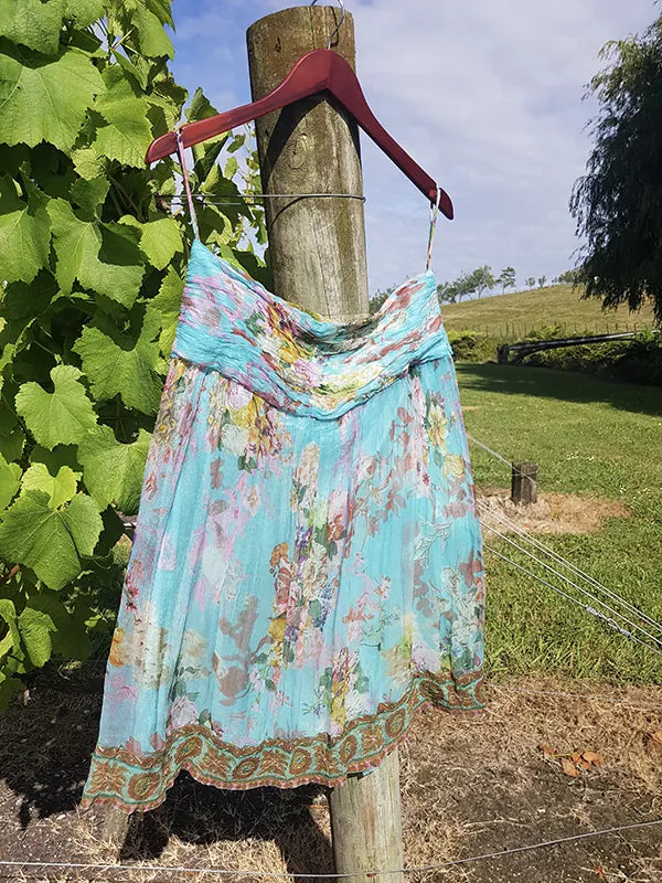 Vintage Designer Rene Derhy 2000s impressionist watercolour fairy dream skirt in blues pinks & crinkle fabric with ornate hemline