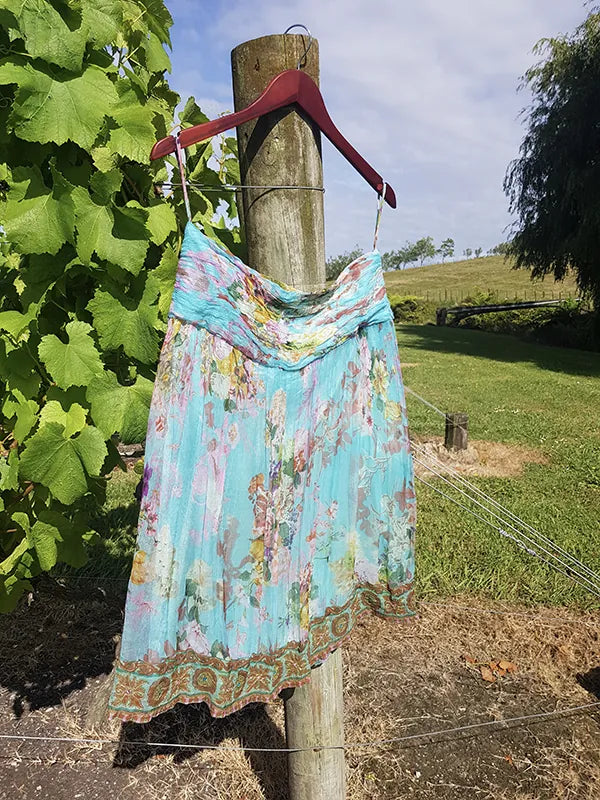 Vintage Designer Rene Derhy 2000s impressionist watercolour fairy dream skirt in blues pinks & crinkle fabric with ornate hemline