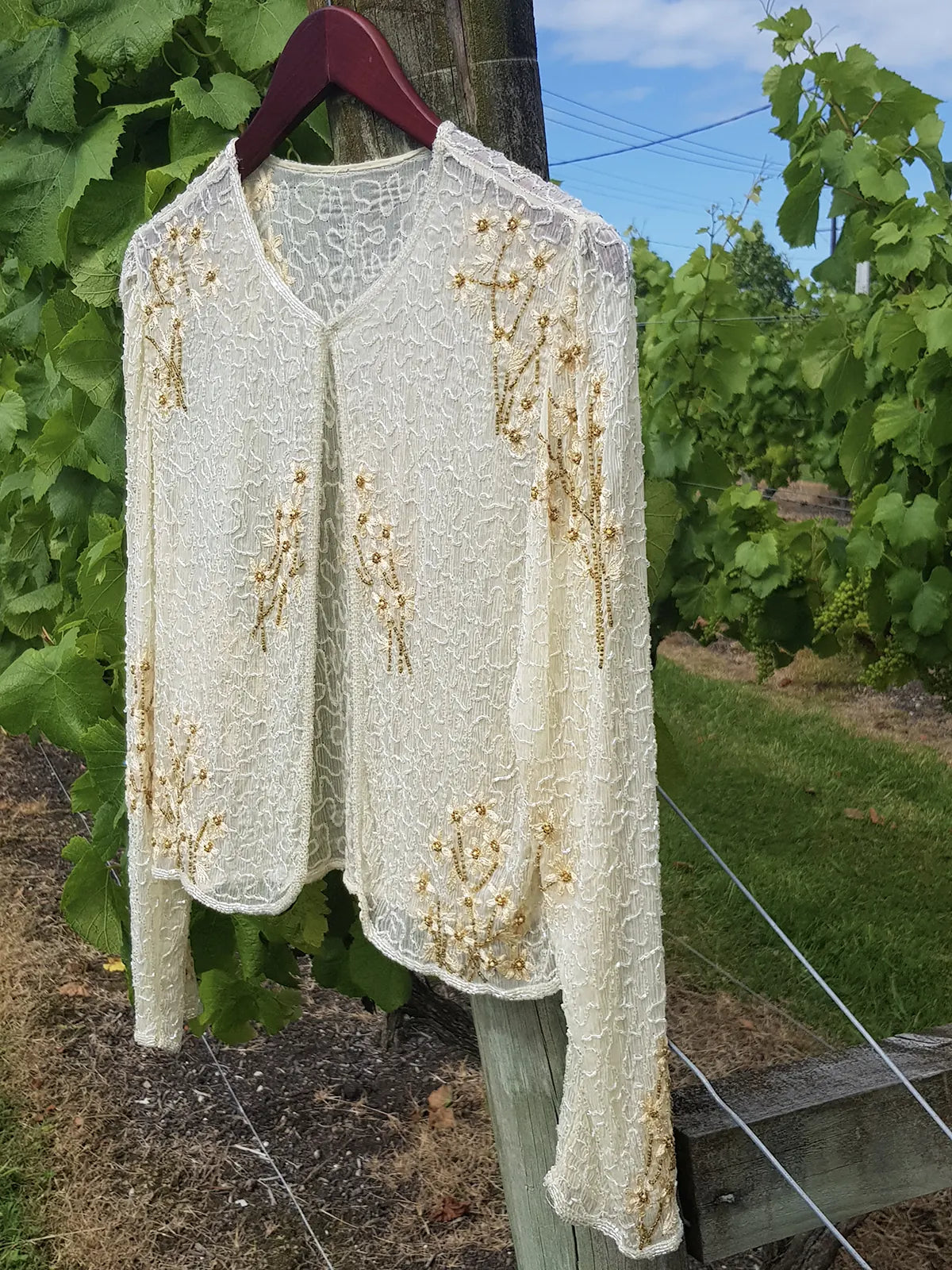 Vintage Ethereal 100% Silk - Bridal Quality Cream & Gold Flowers - Handmade Fully Beaded Jacket