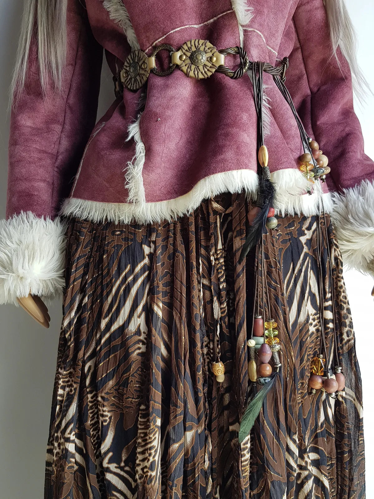 1990s Sexy Bohemian Rockstar Vintage Maxi Skirt / Dress - Floaty Multi Tier Cut - Insane Tiger & Cheetah Print - Multi Layered - Tribal Beading Drawstring Waist