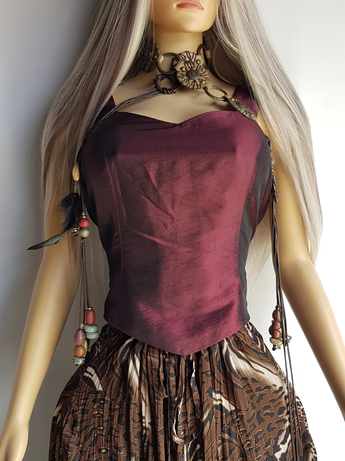 1970s Authentic Vintage Bohemian Tie Choker / Necklace / Belt - Handmade & Only 1 ever made - 100% Genuine Leather with Feathers & Stones - Metal & Wooden Carved Beads - Ultra Heavy - Gorgeous Greens Ambers and Browns