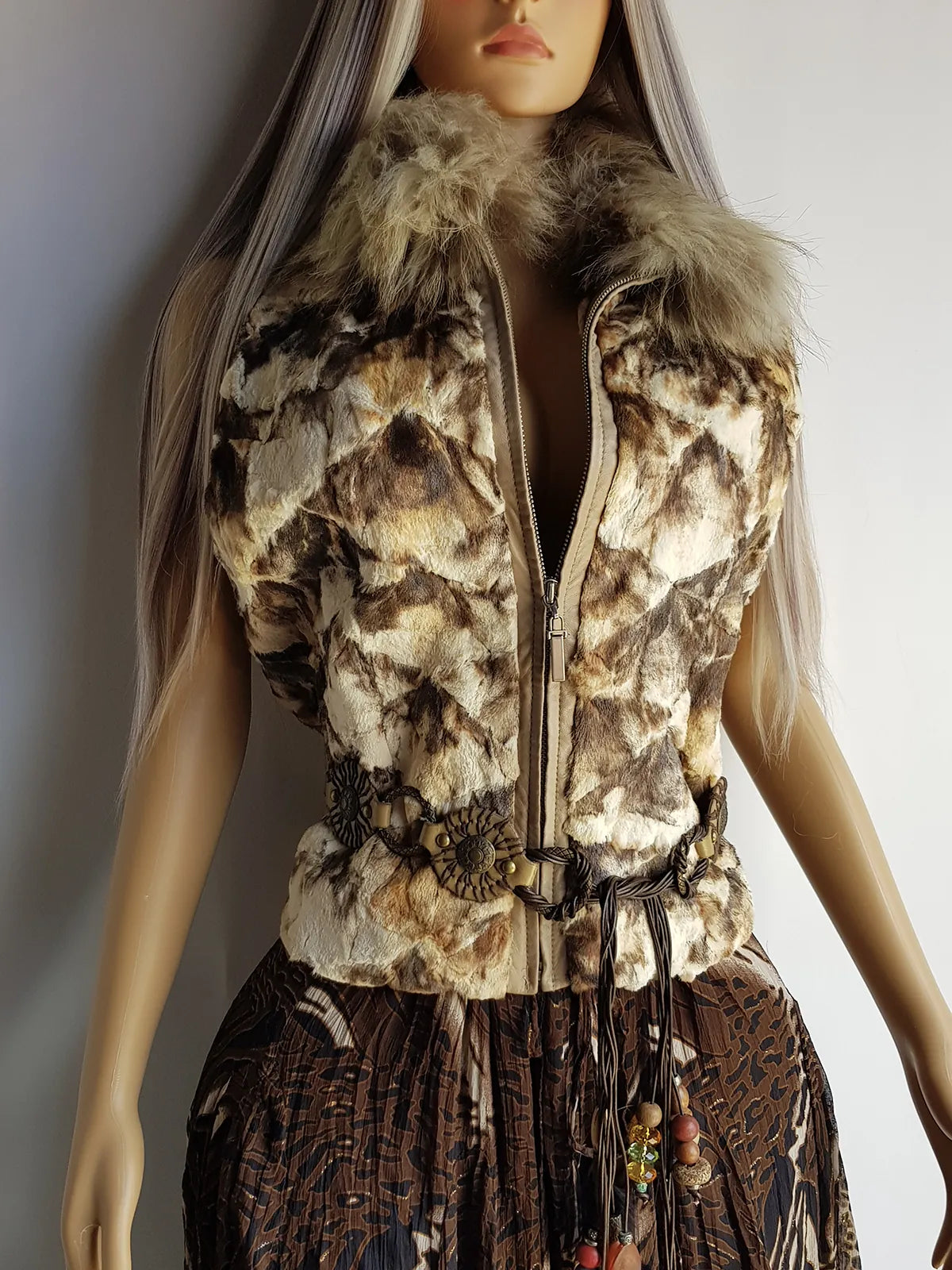 90s Vintage Brown & Cream Fur Vest with Incredible Fluffy Fox Fur Collar - Fully Lined - Chunky Heavy Zip Hardware