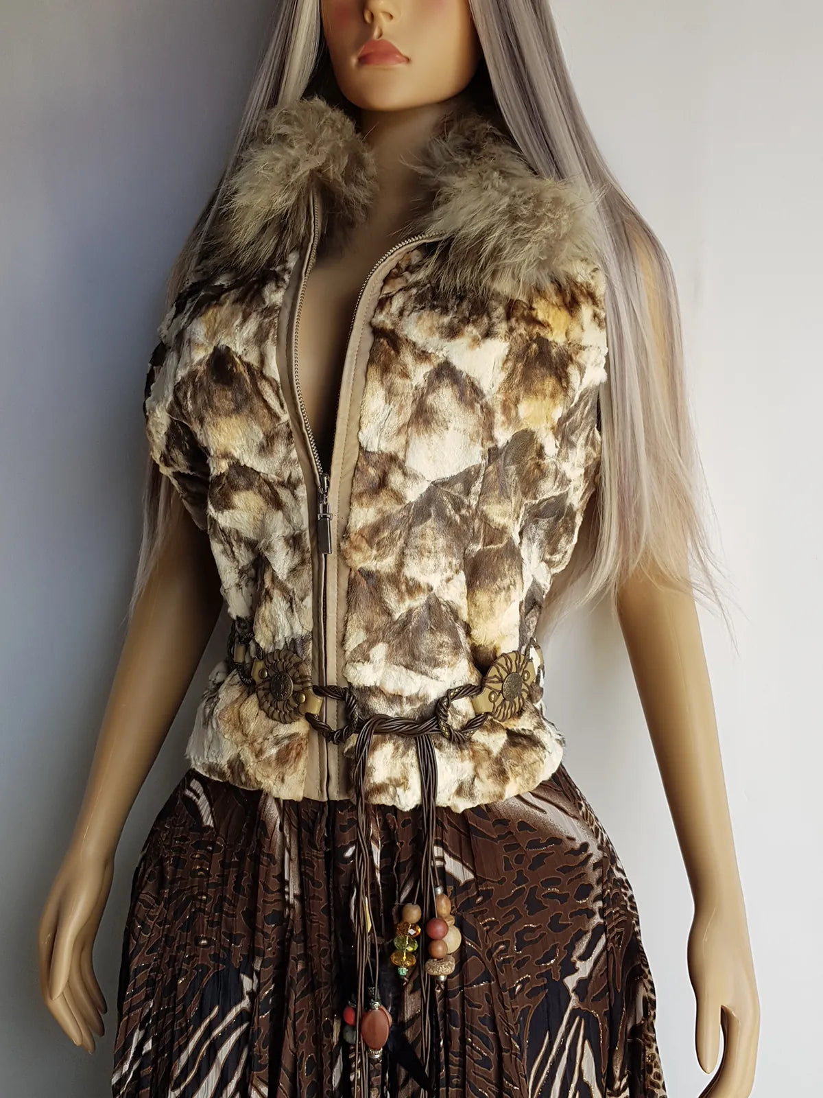 90s Vintage Brown & Cream Fur Vest with Incredible Fluffy Fox Fur Collar - Fully Lined - Chunky Heavy Zip Hardware