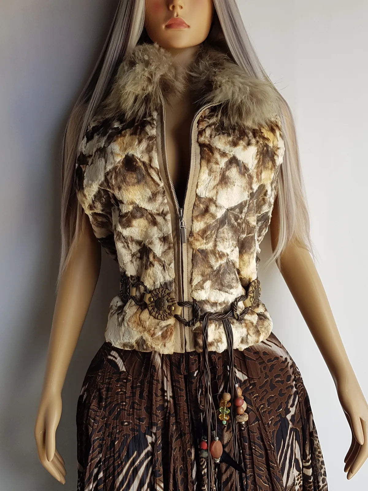 90s Vintage Brown & Cream Fur Vest with Incredible Fluffy Fox Fur Collar - Fully Lined - Chunky Heavy Zip Hardware